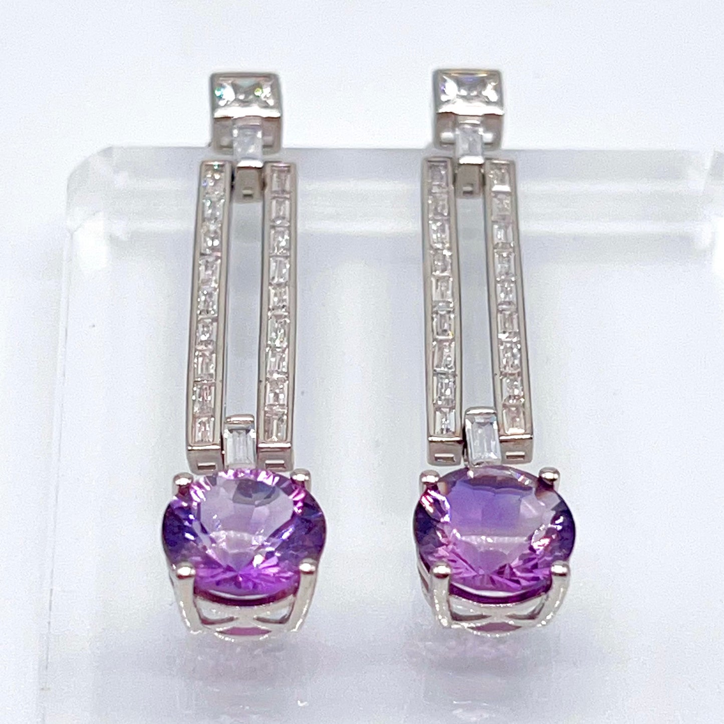 Contemporary Cocktail Amethyst Earrings in Silver 925 Round Art Deco Inspired