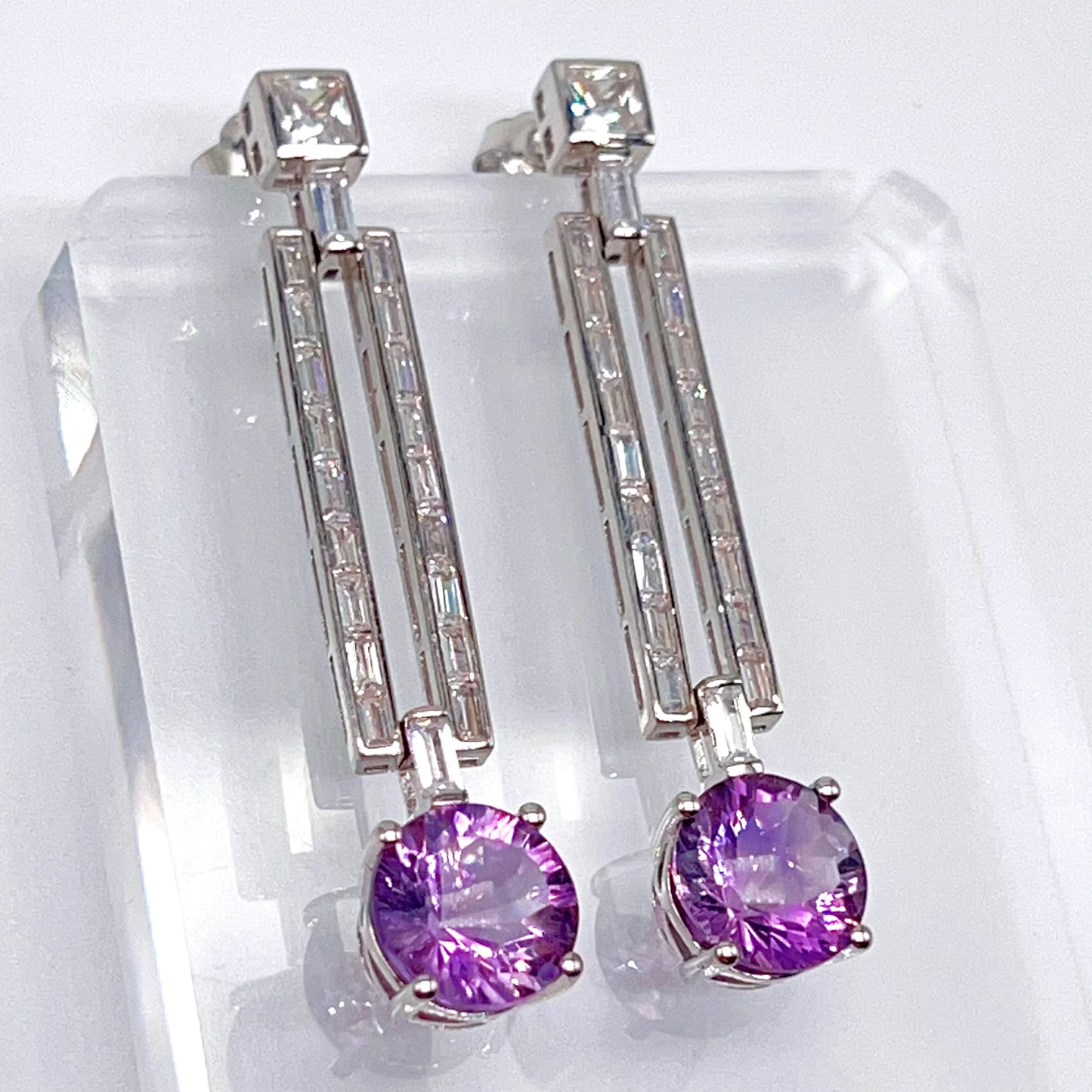 Contemporary Cocktail Amethyst Earrings in Silver 925 Round Art Deco Inspired