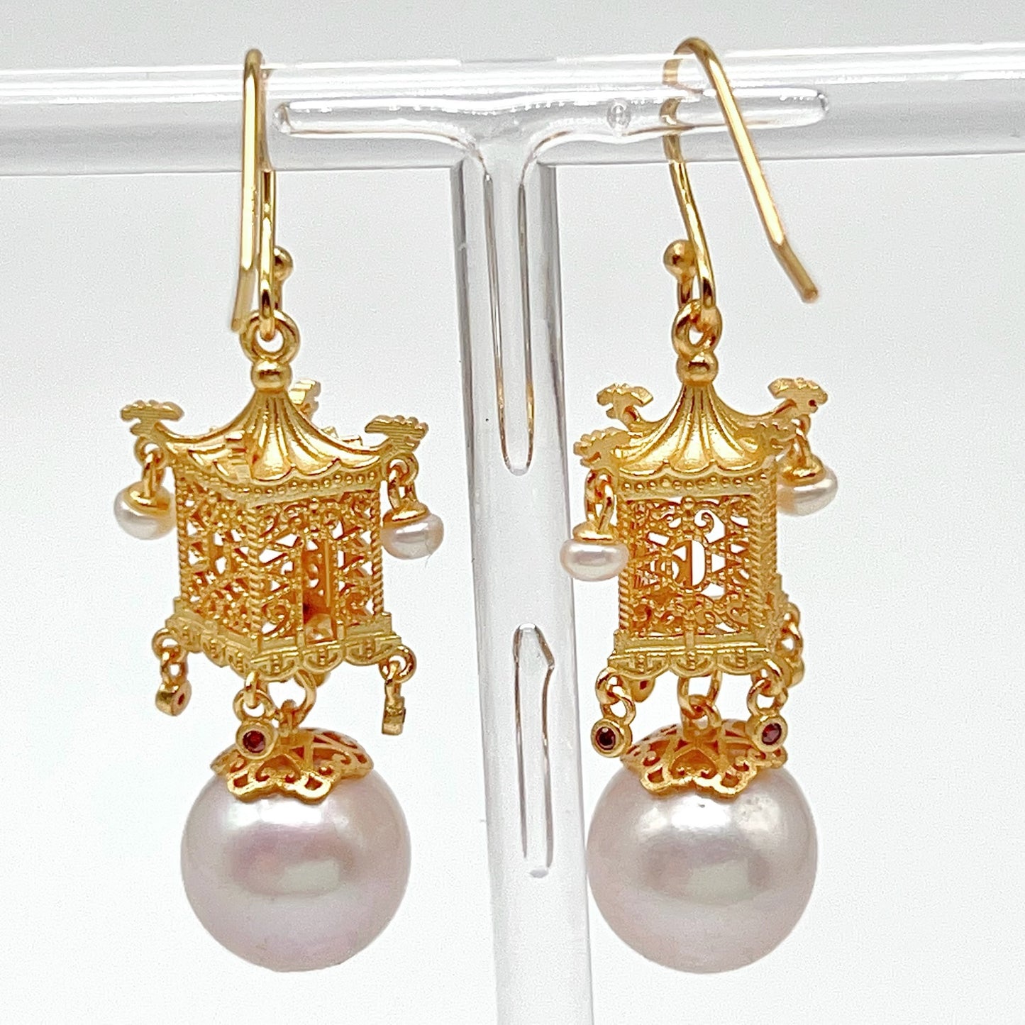 Retro Wind. Earring of Edison Pearl in Silver 925. Ancient Oriental Temple Three-Dimensional