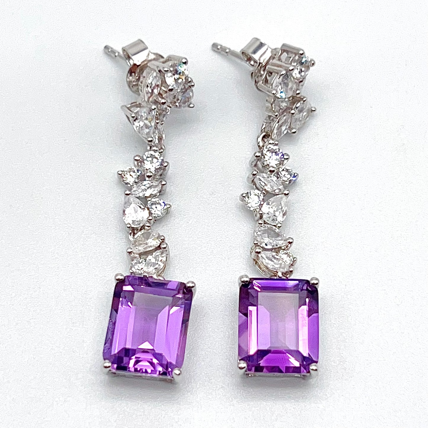 Contemporary Cocktail. Earring of Amethyst in Silver 925. Emerald Cut Rectangle