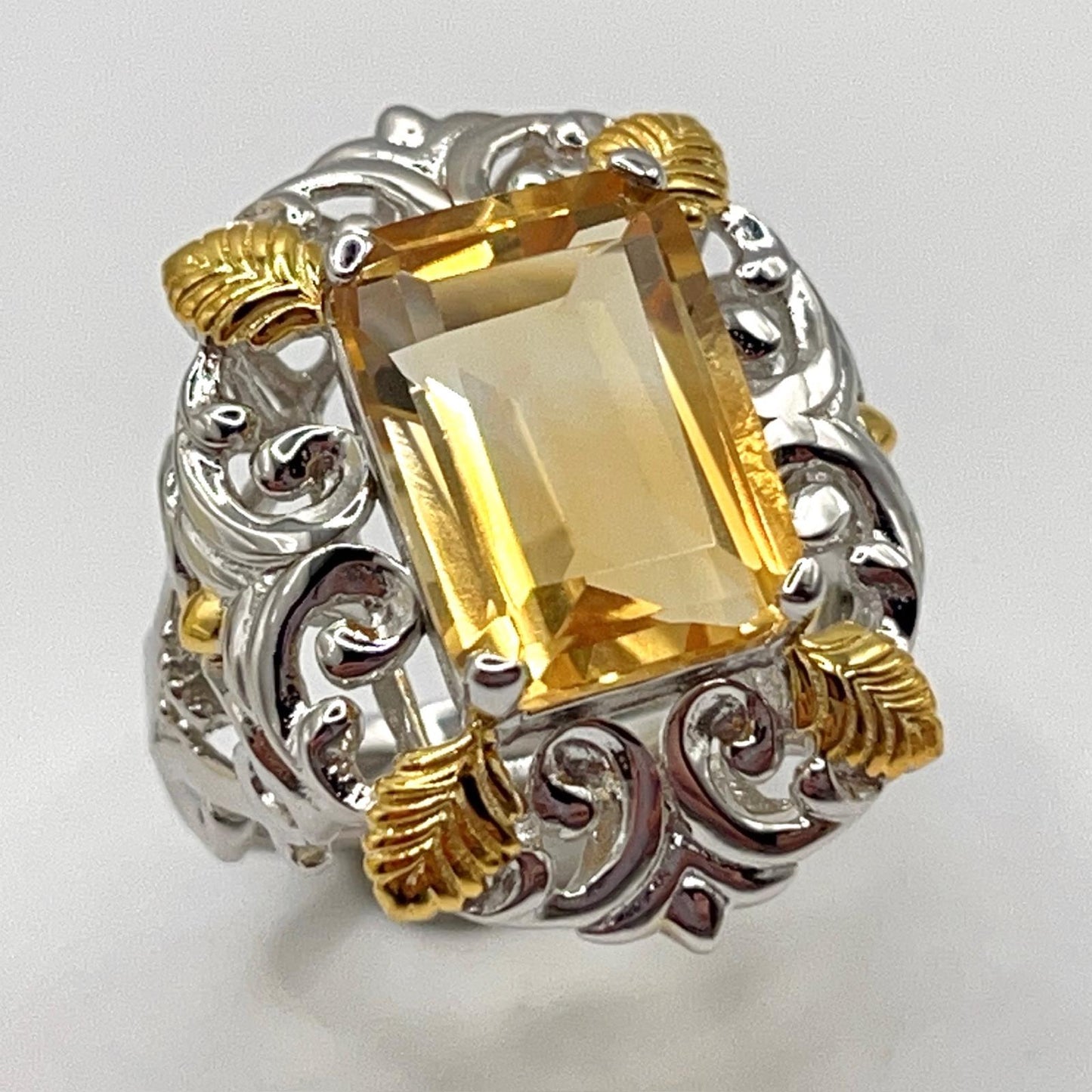 Contemporary Cocktail . Ring of Citrine in Baroque Frame in Silver 925