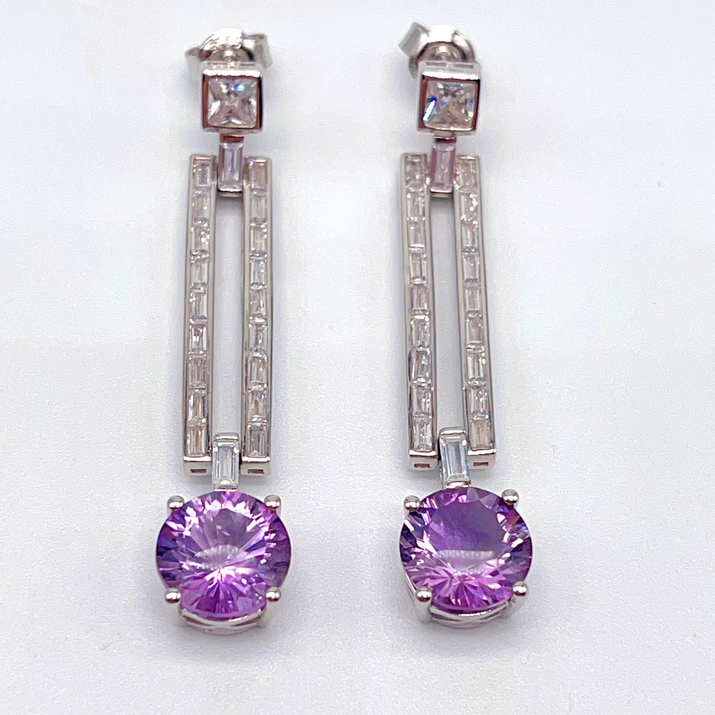 Contemporary Cocktail Amethyst Earrings in Silver 925 Round Art Deco Inspired