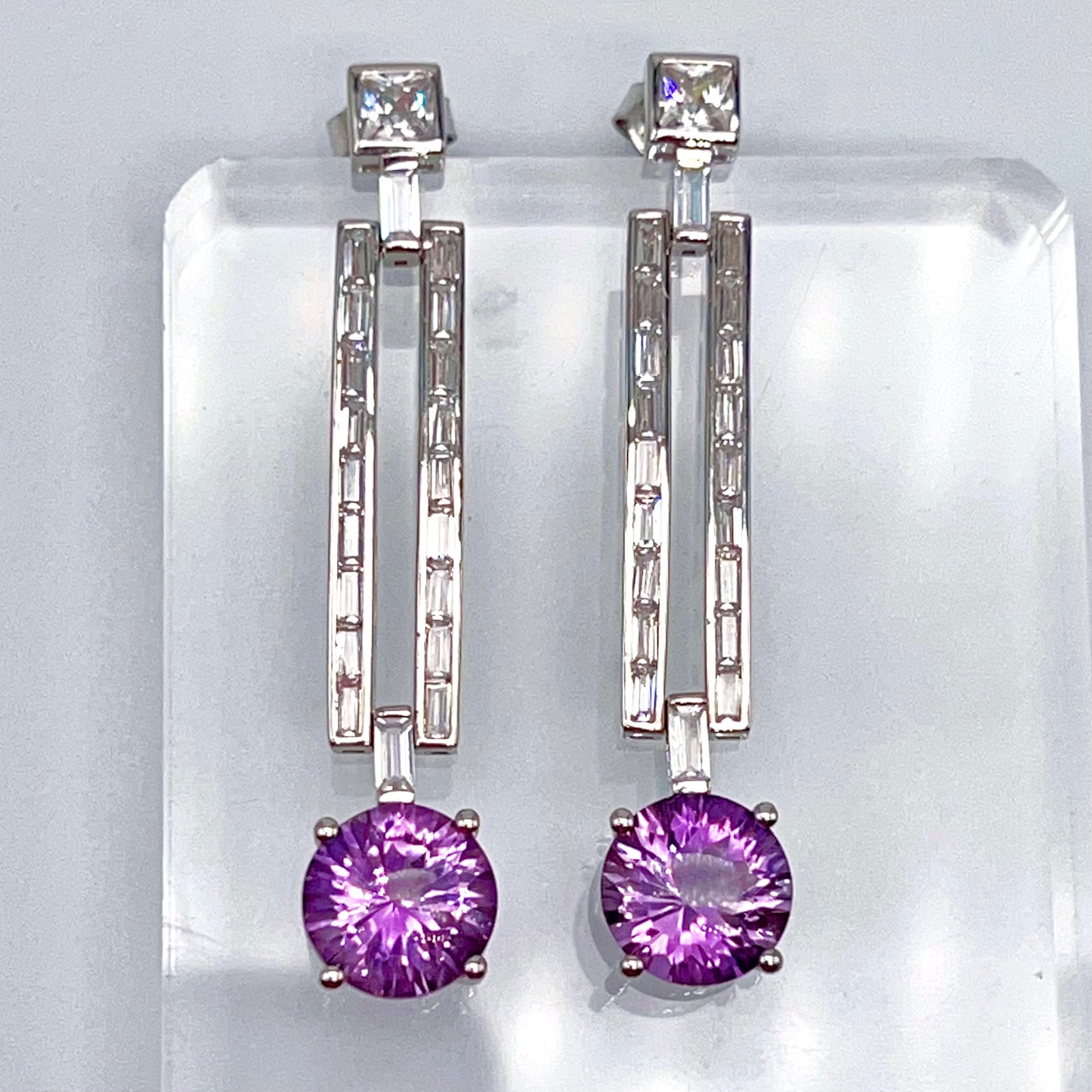 Contemporary Cocktail Amethyst Earrings in Silver 925 Round Art Deco Inspired