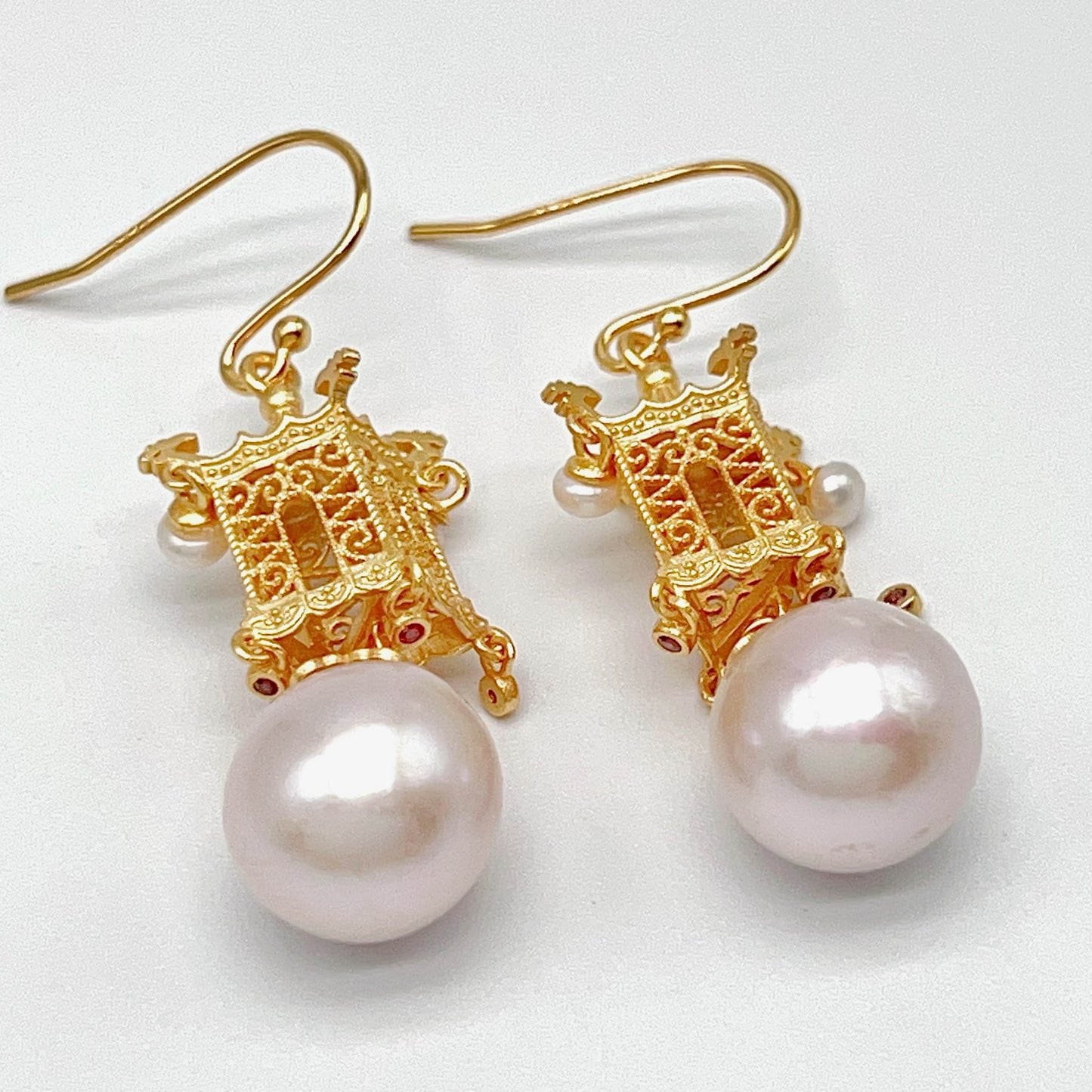 Retro Wind. Earring of Edison Pearl in Silver 925. Ancient Oriental Temple Three-Dimensional