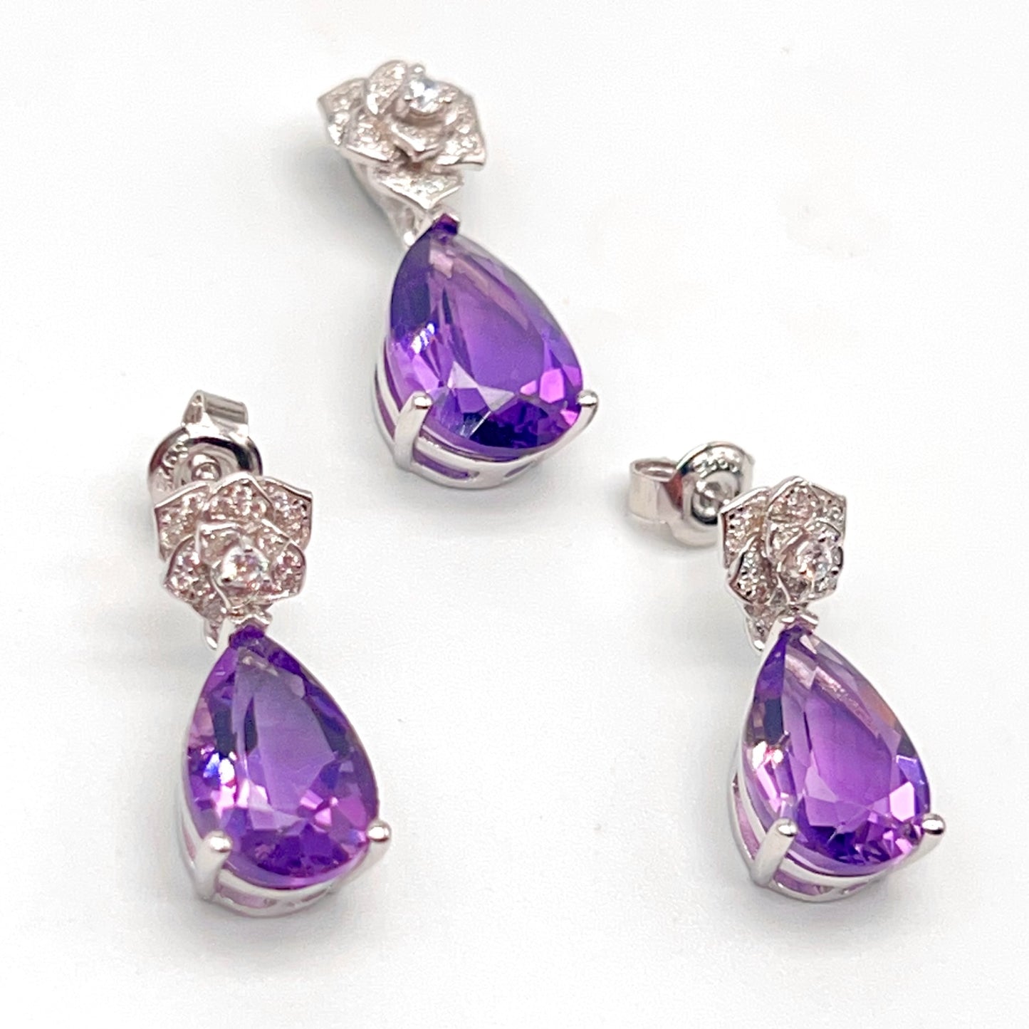 Contemporary Cocktail. Set of Amethyst in Silver 925. Camellia