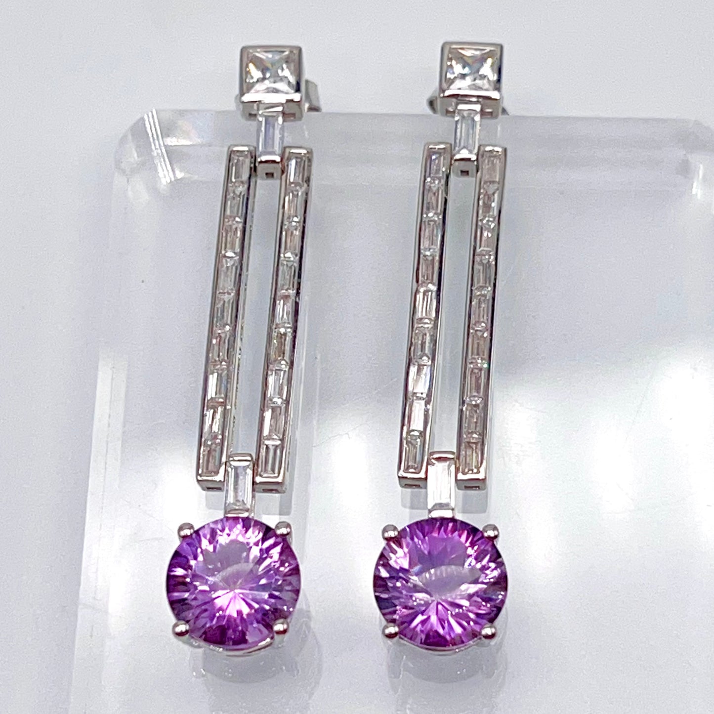 Contemporary Cocktail Amethyst Earrings in Silver 925 Round Art Deco Inspired