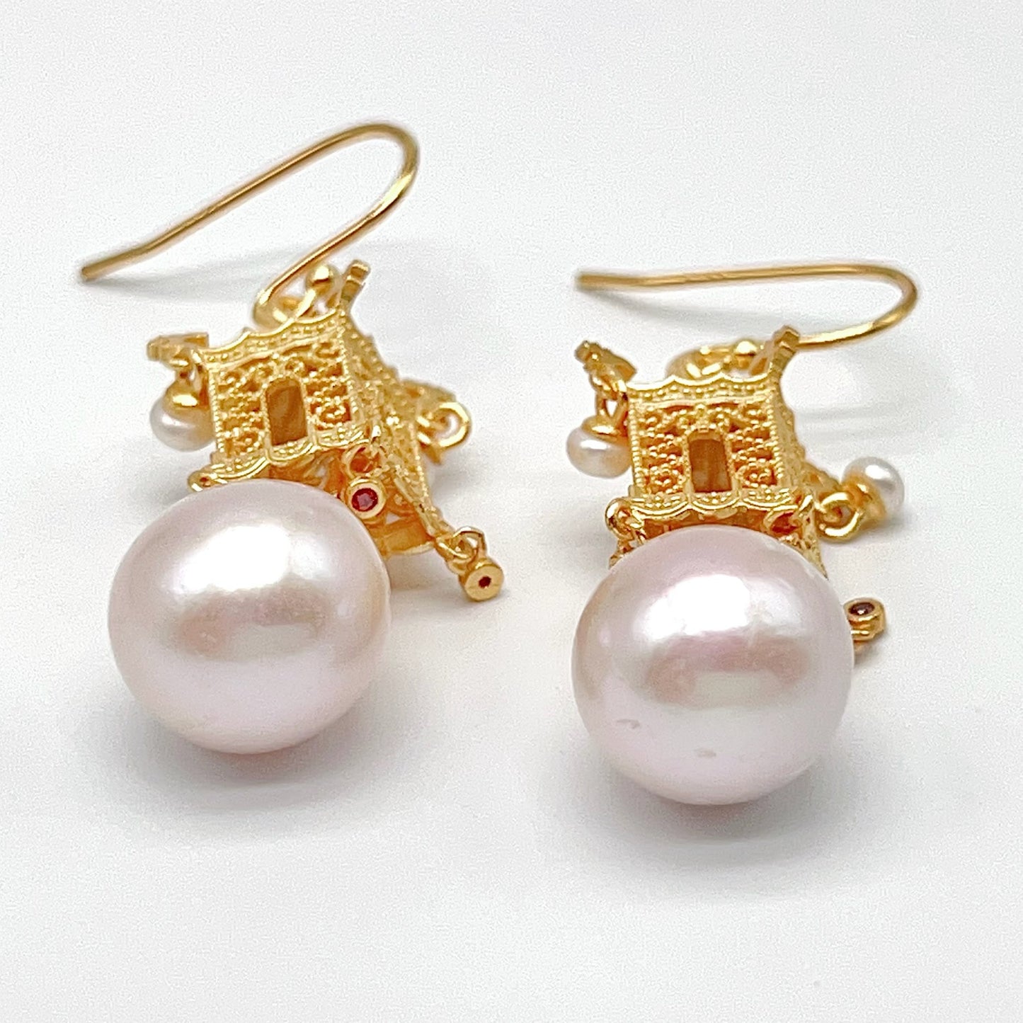 Retro Wind. Earring of Edison Pearl in Silver 925. Ancient Oriental Temple Three-Dimensional