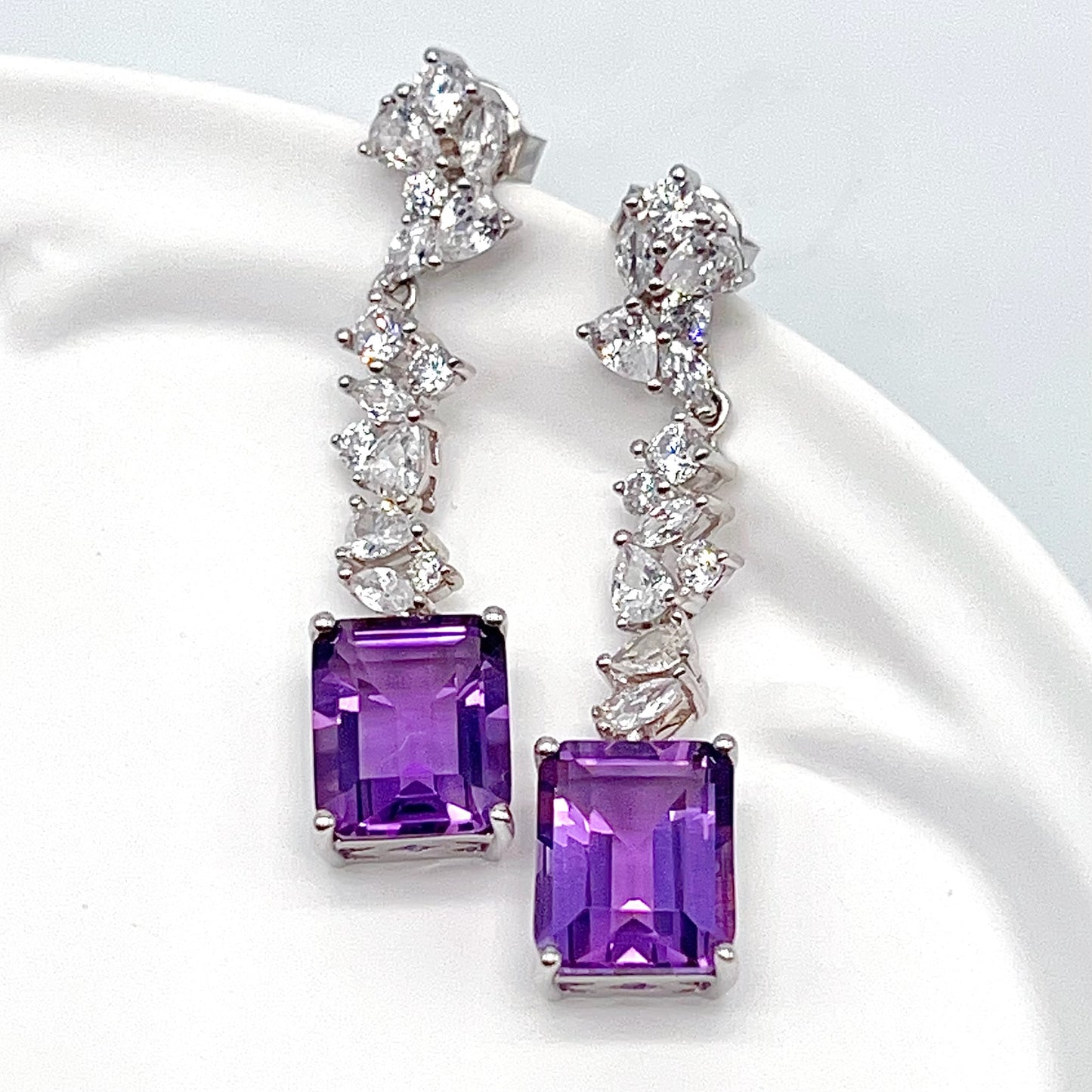 Contemporary Cocktail. Earring of Amethyst in Silver 925. Emerald Cut Rectangle