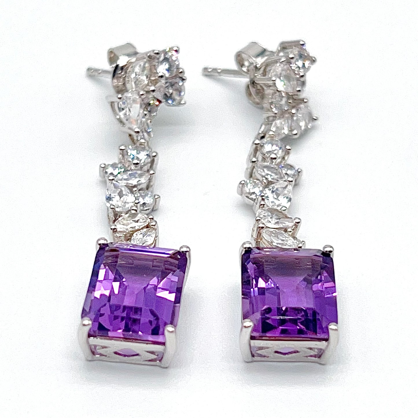 Contemporary Cocktail. Earring of Amethyst in Silver 925. Emerald Cut Rectangle
