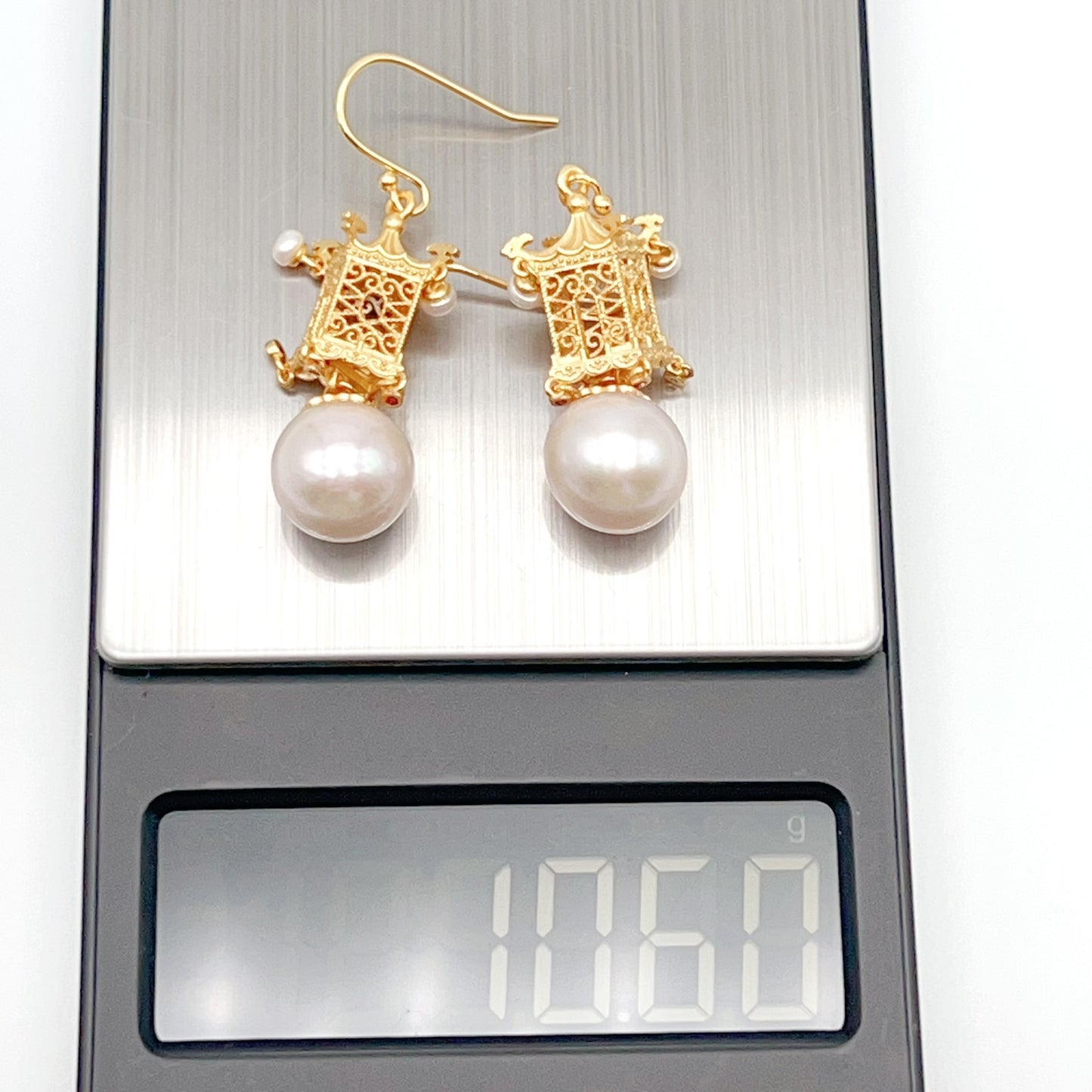 Retro Wind. Earring of Edison Pearl in Silver 925. Ancient Oriental Temple Three-Dimensional