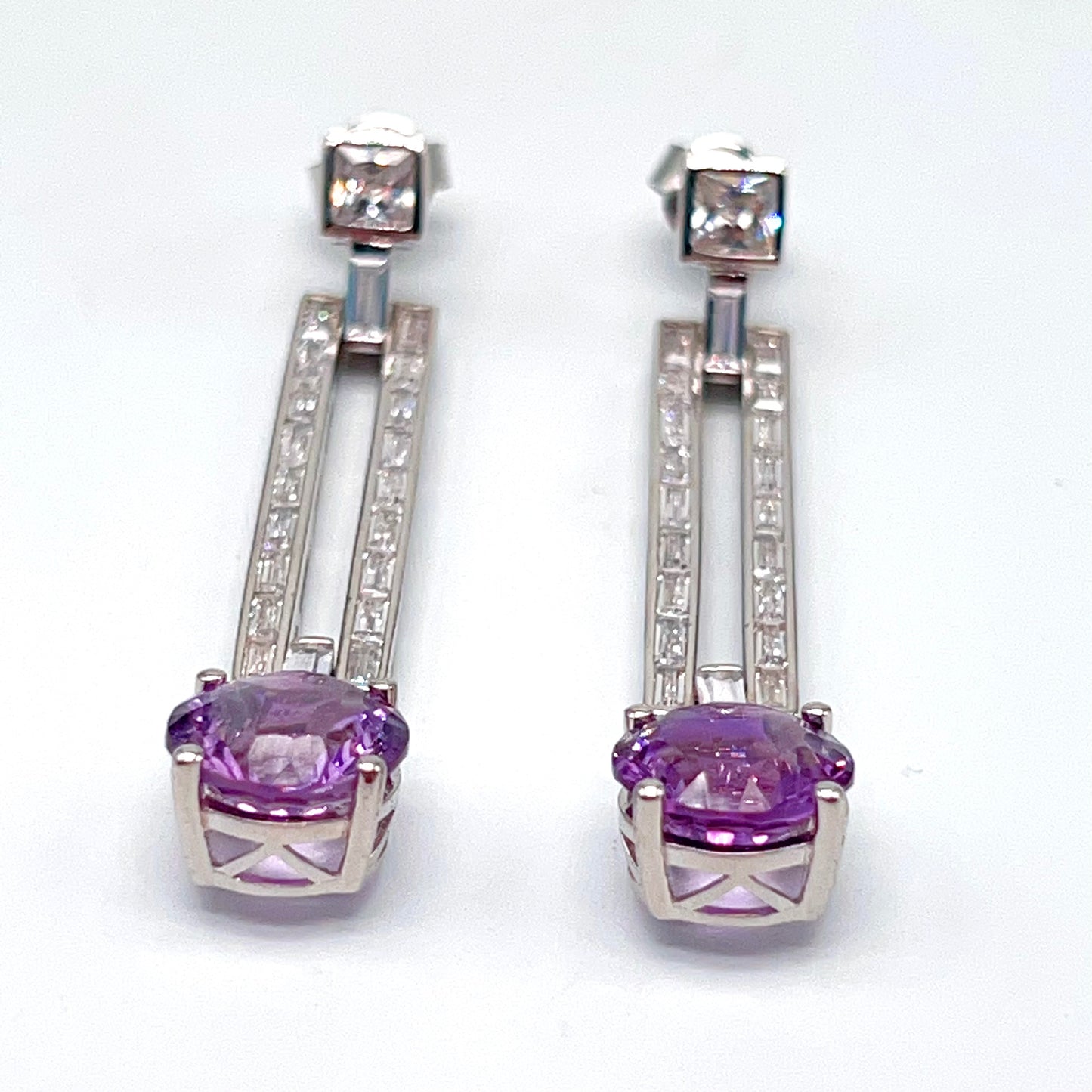 Contemporary Cocktail Amethyst Earrings in Silver 925 Round Art Deco Inspired