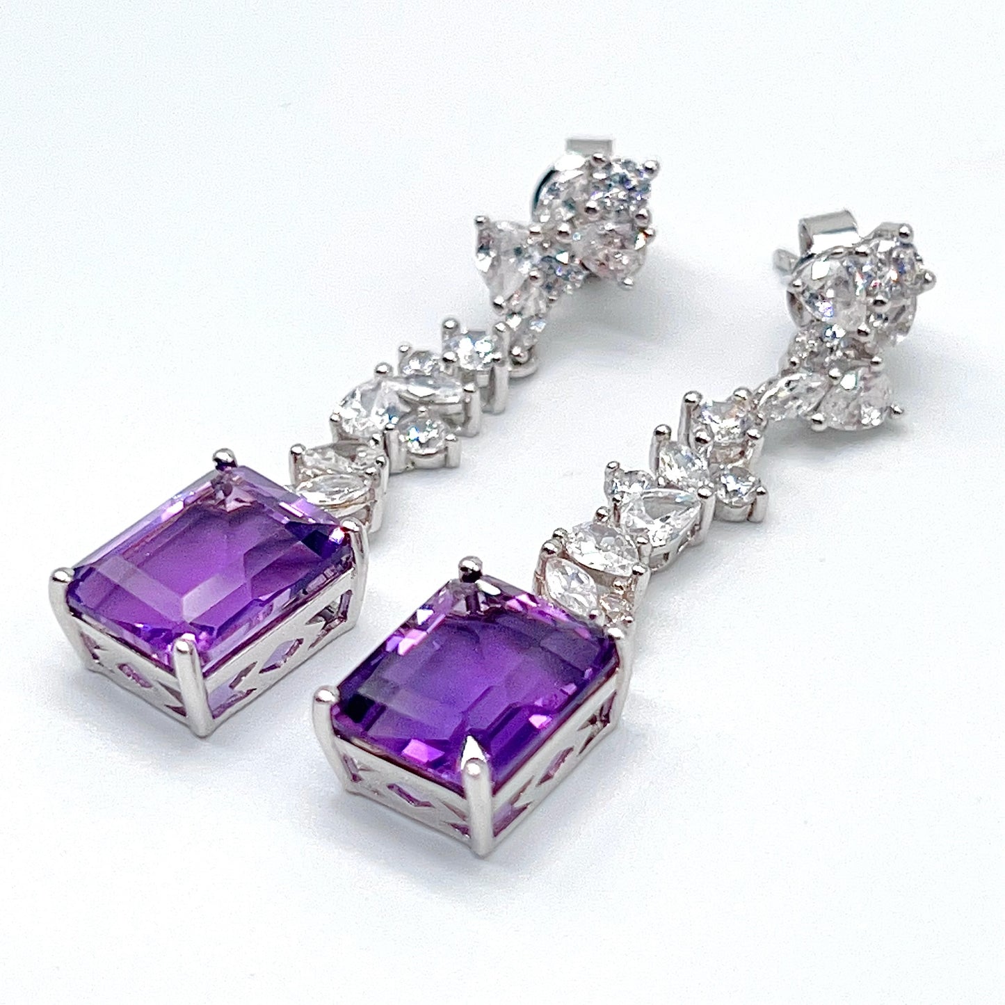 Contemporary Cocktail. Earring of Amethyst in Silver 925. Emerald Cut Rectangle