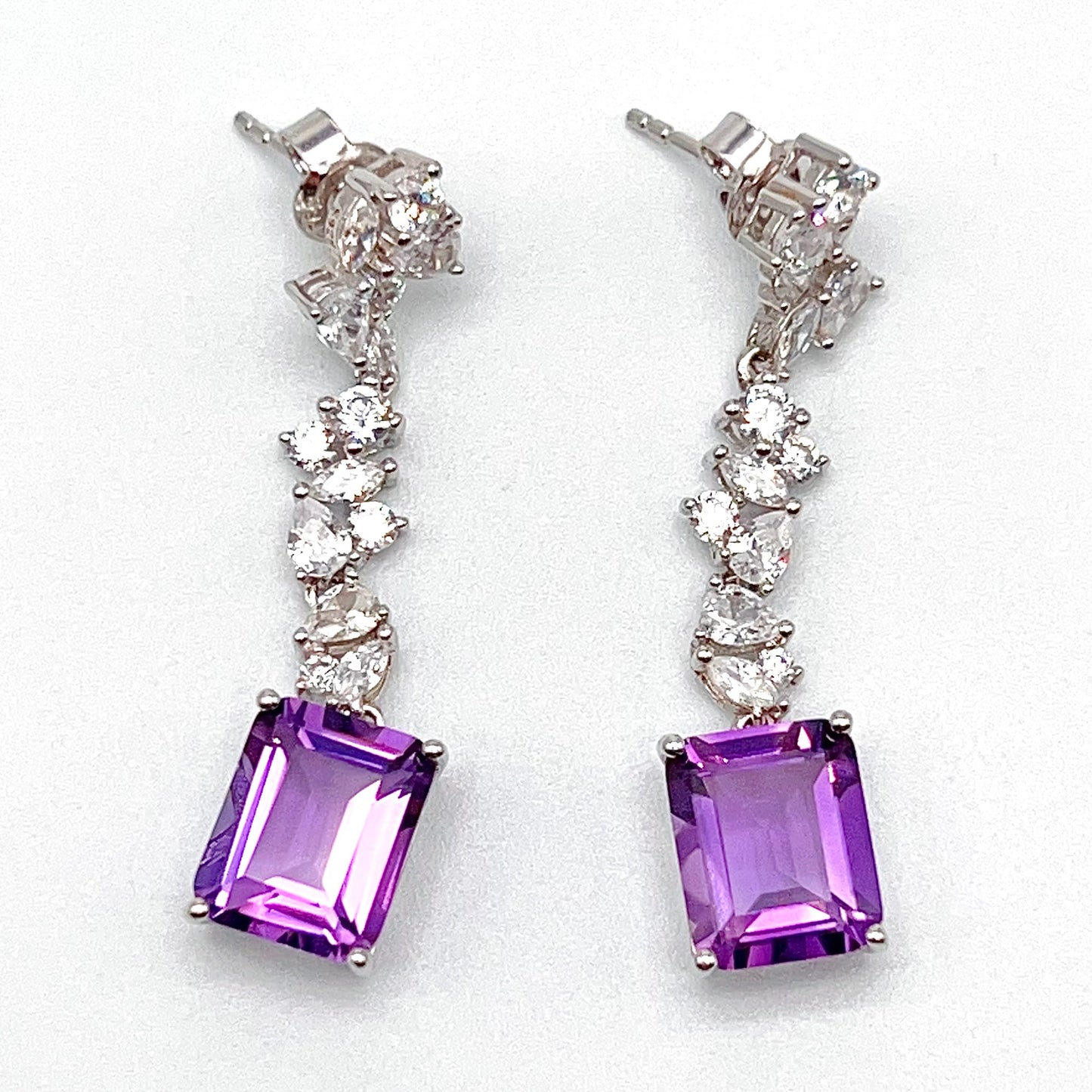 Contemporary Cocktail. Earring of Amethyst in Silver 925. Emerald Cut Rectangle
