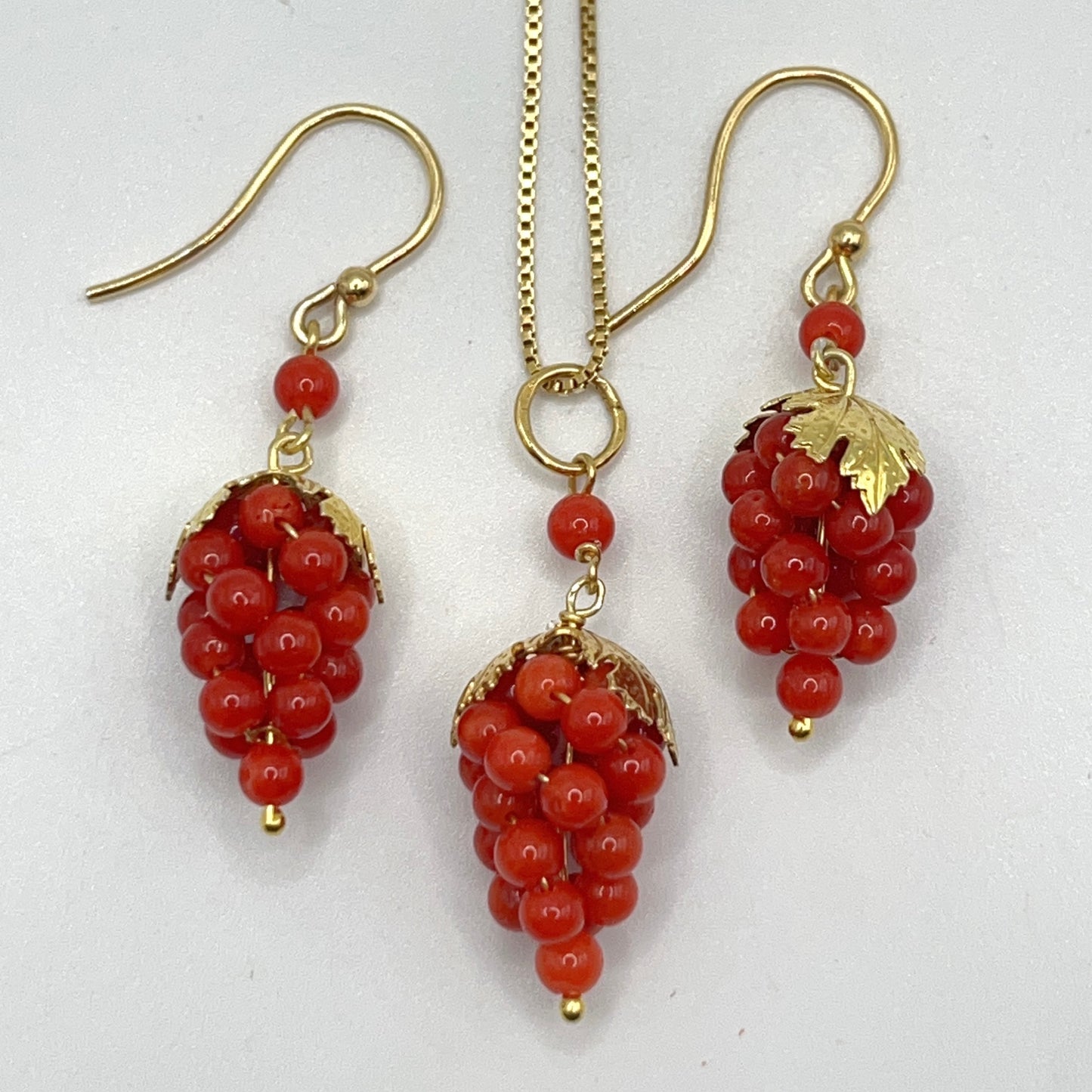 Italian Artisan Collection. Coral Earring & Necklace in Silver 925. Sardine Red Coral
