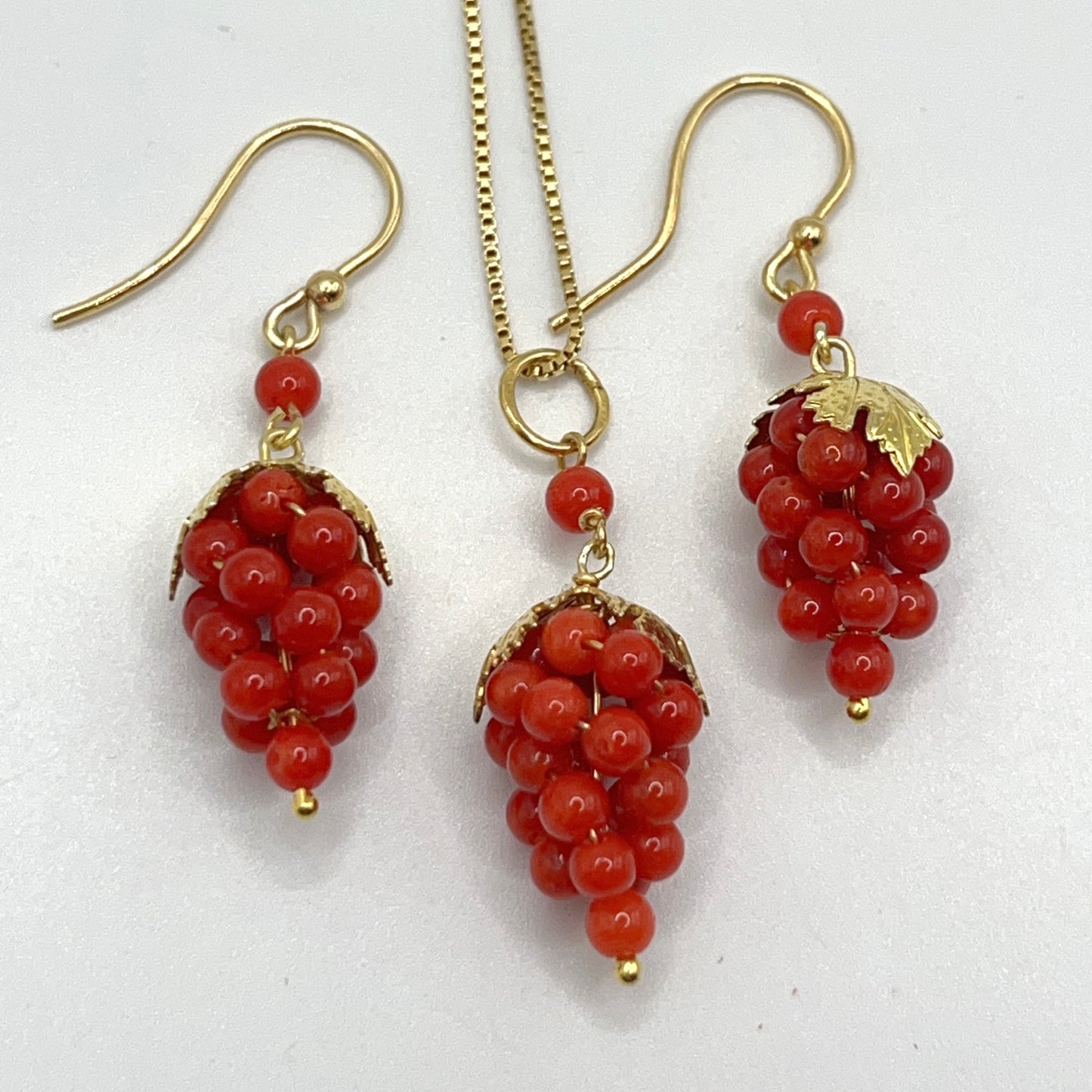 Italian Artisan Collection. Coral Earring & Necklace in Silver 925. Sardine Red Coral