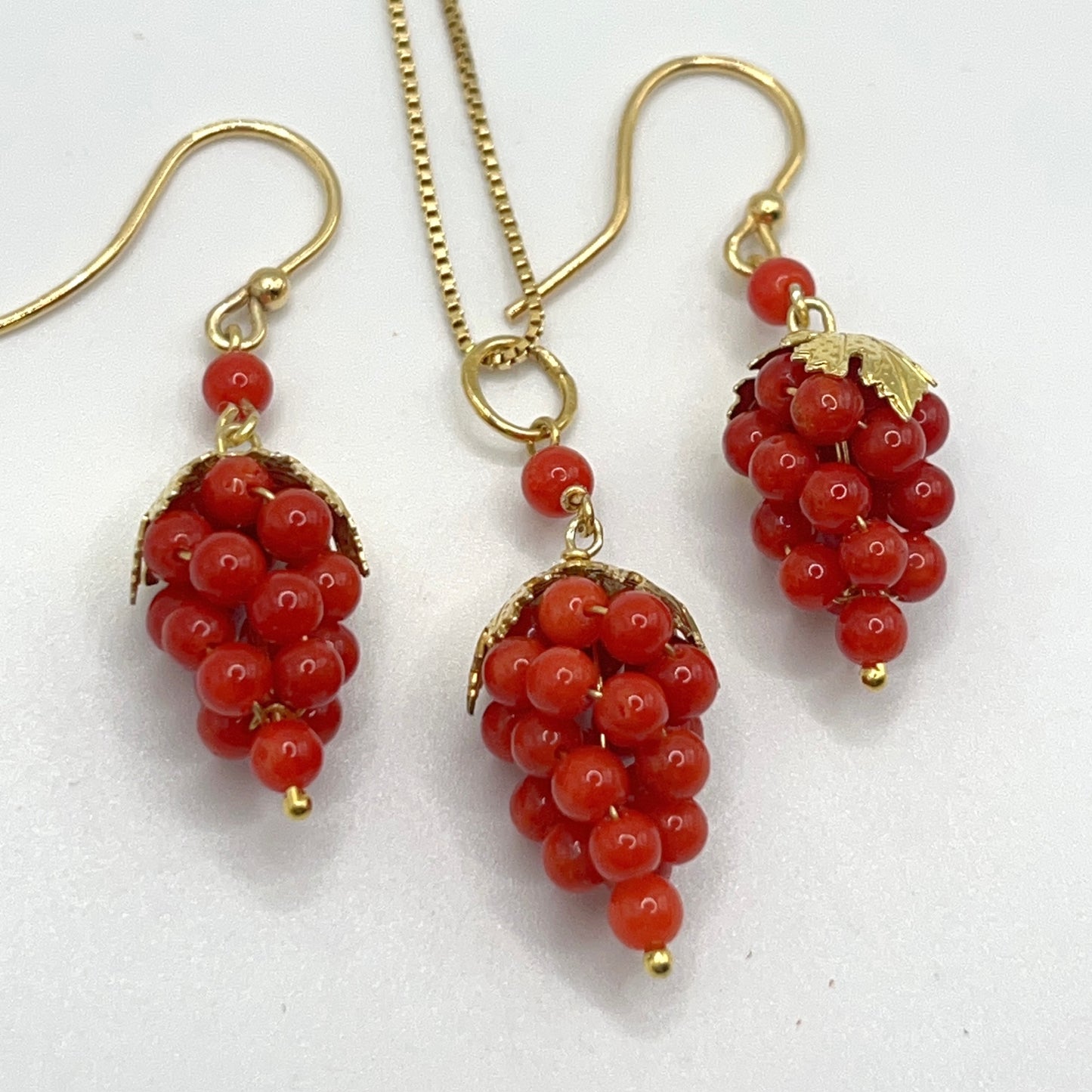 Italian Artisan Collection. Coral Earring & Necklace in Silver 925. Sardine Red Coral