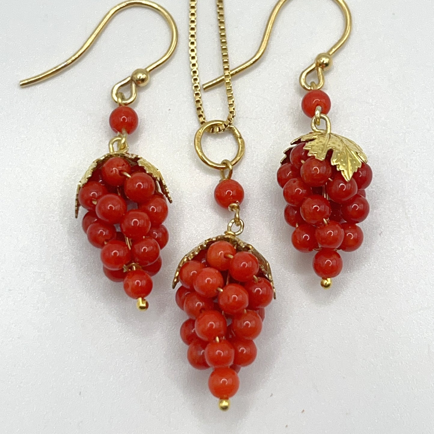 Italian Artisan Collection. Coral Earring & Necklace in Silver 925. Sardine Red Coral