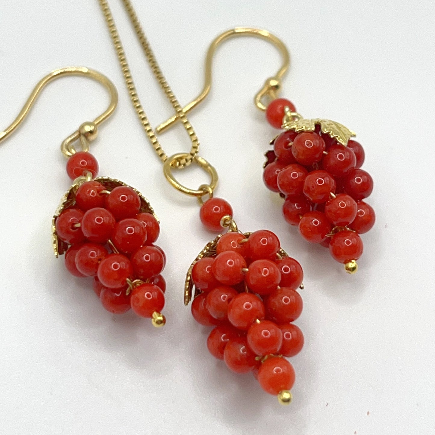 Italian Artisan Collection. Coral Earring & Necklace in Silver 925. Sardine Red Coral
