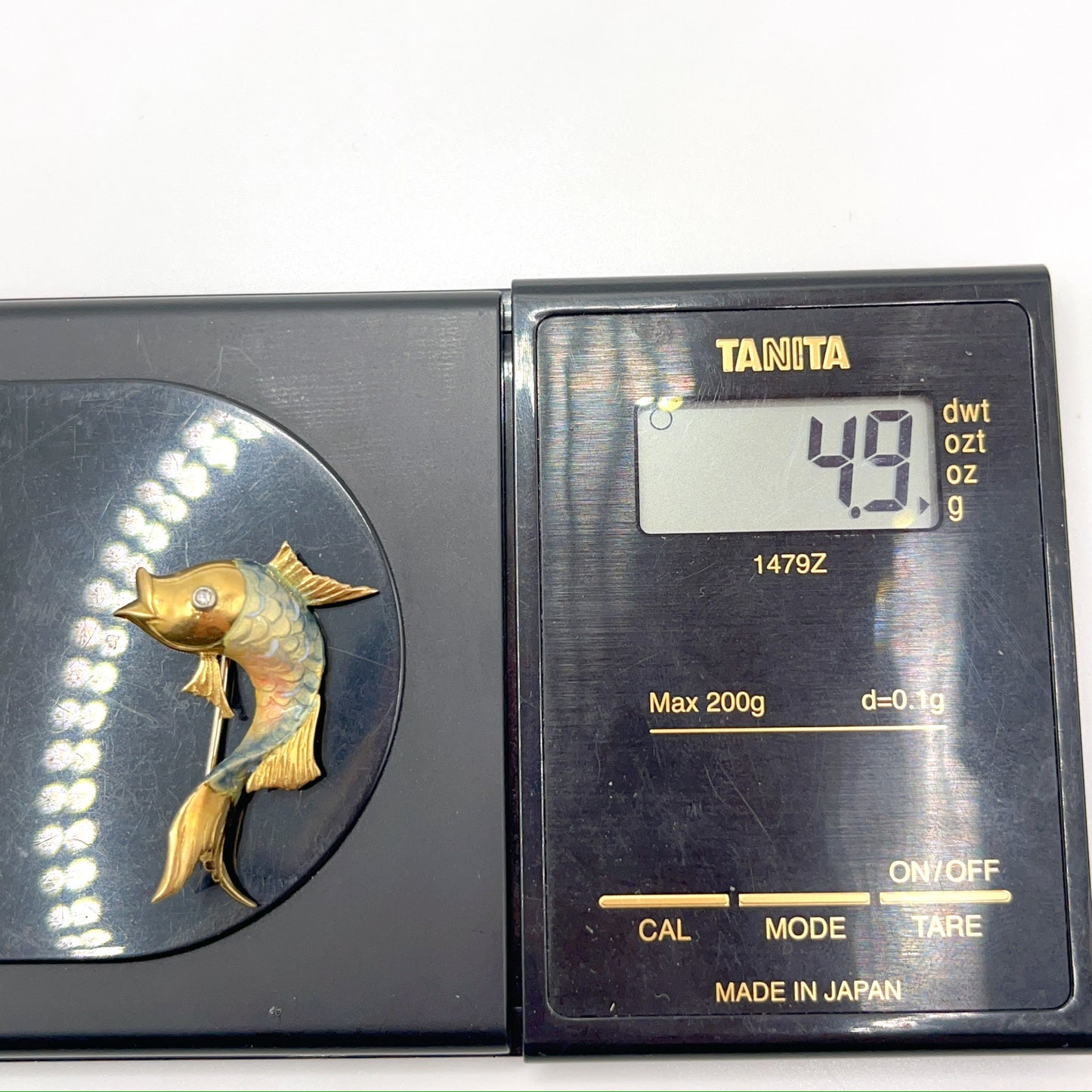 Vintage . 18K gold Painted Enamel with Diamond . Koi Pin