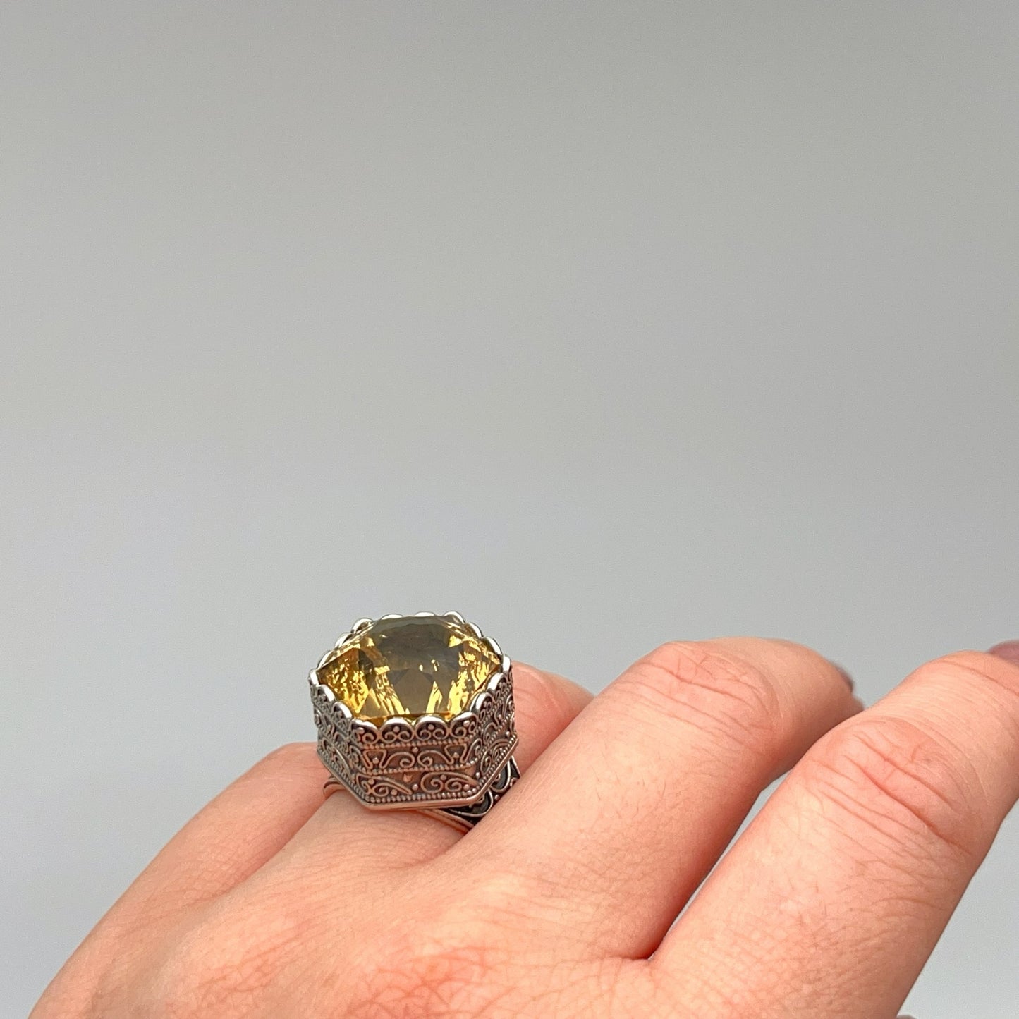 Retro Wind. Ring of Citrine in Silver 925. Hexagon