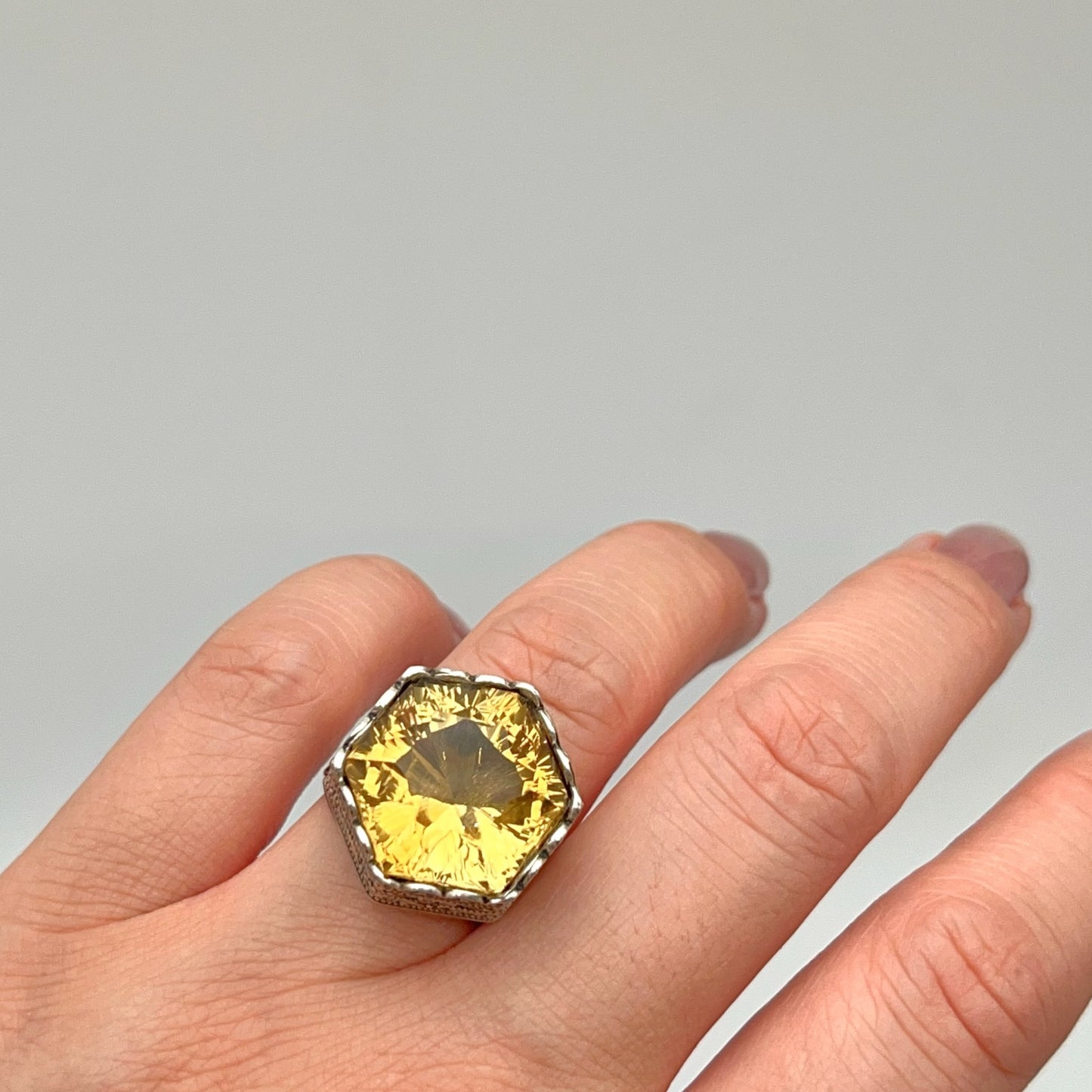 Retro Wind. Ring of Citrine in Silver 925. Hexagon