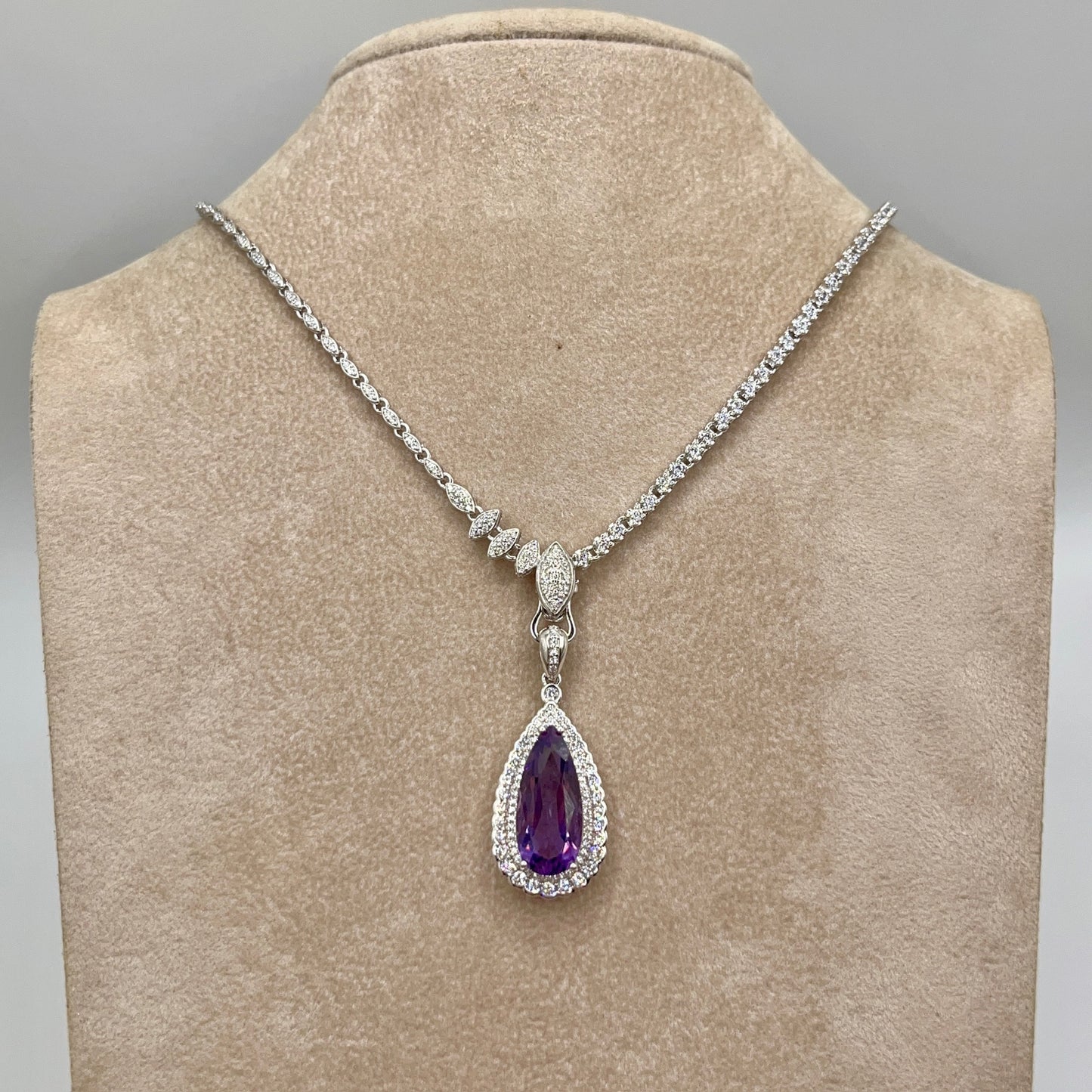 Contemporary Cocktail. Amethyst Drop Shape Pendant with Detachable Versatile Chain in Silver 925