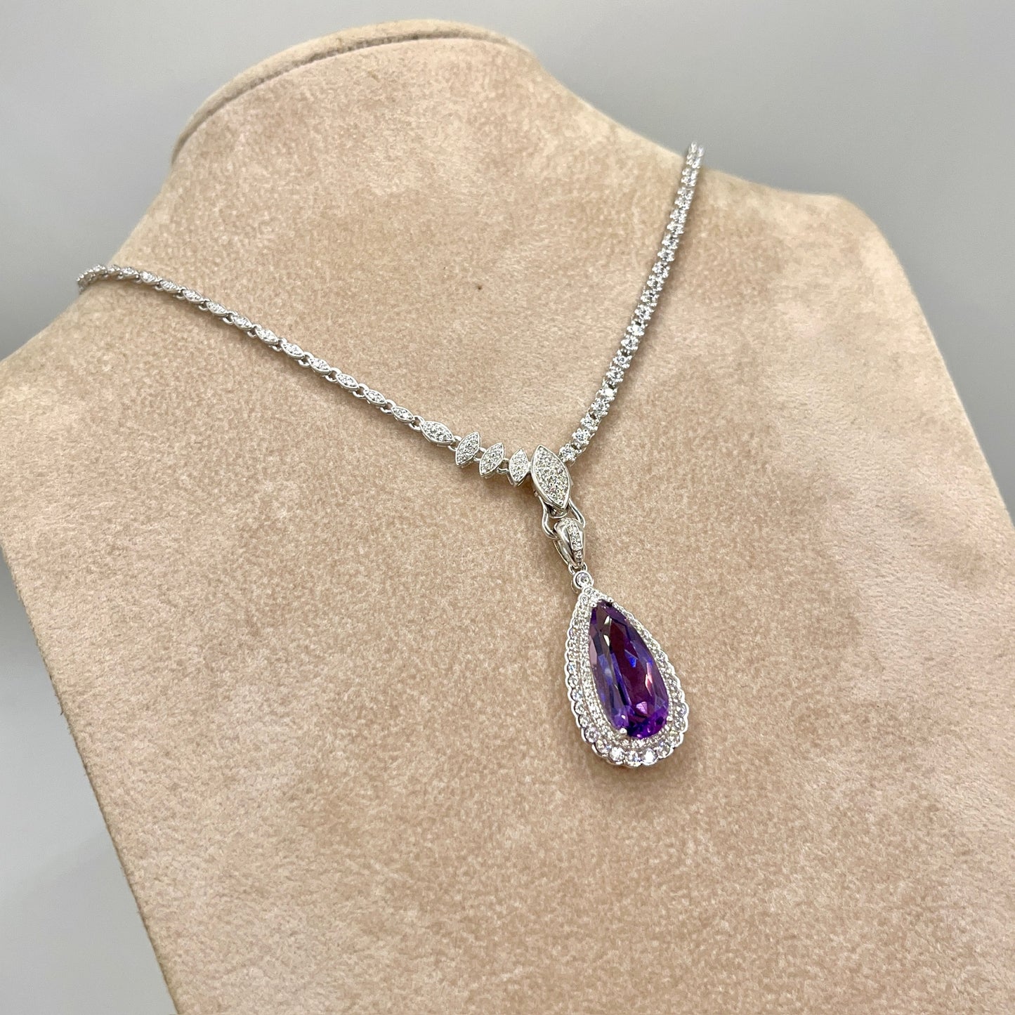 Contemporary Cocktail. Amethyst Drop Shape Pendant with Detachable Versatile Chain in Silver 925