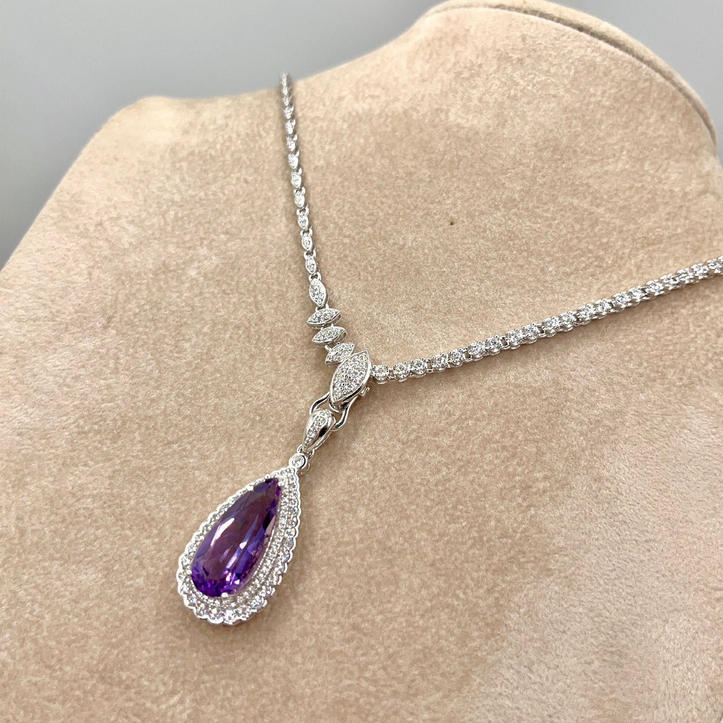 Contemporary Cocktail. Amethyst Drop Shape Pendant with Detachable Versatile Chain in Silver 925