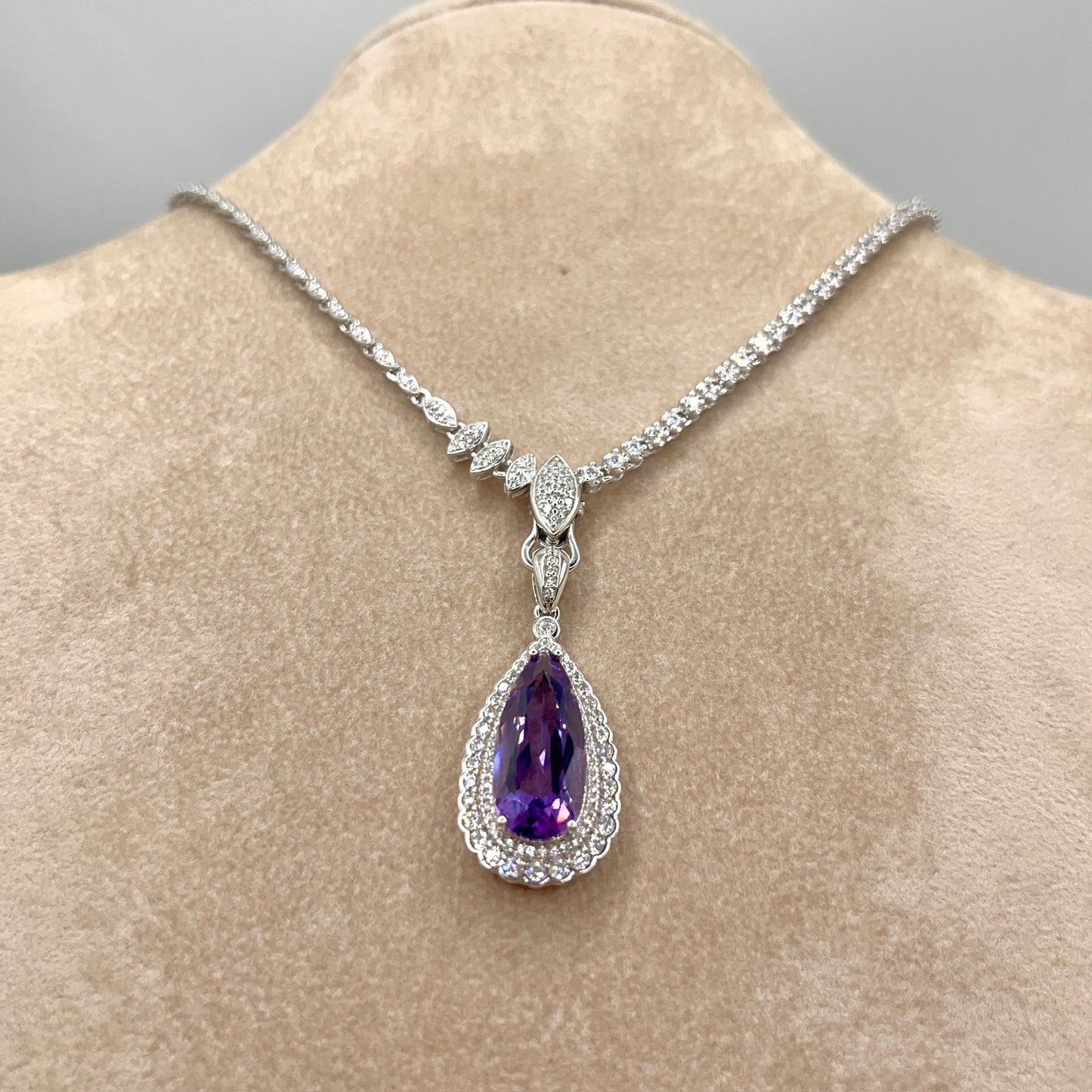 Contemporary Cocktail. Amethyst Drop Shape Pendant with Detachable Versatile Chain in Silver 925