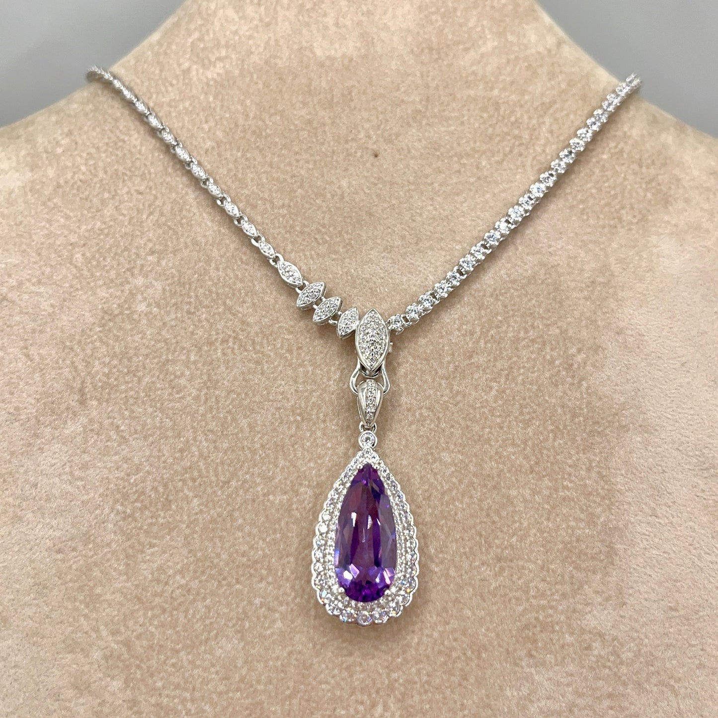 Contemporary Cocktail. Amethyst Drop Shape Pendant with Detachable Versatile Chain in Silver 925