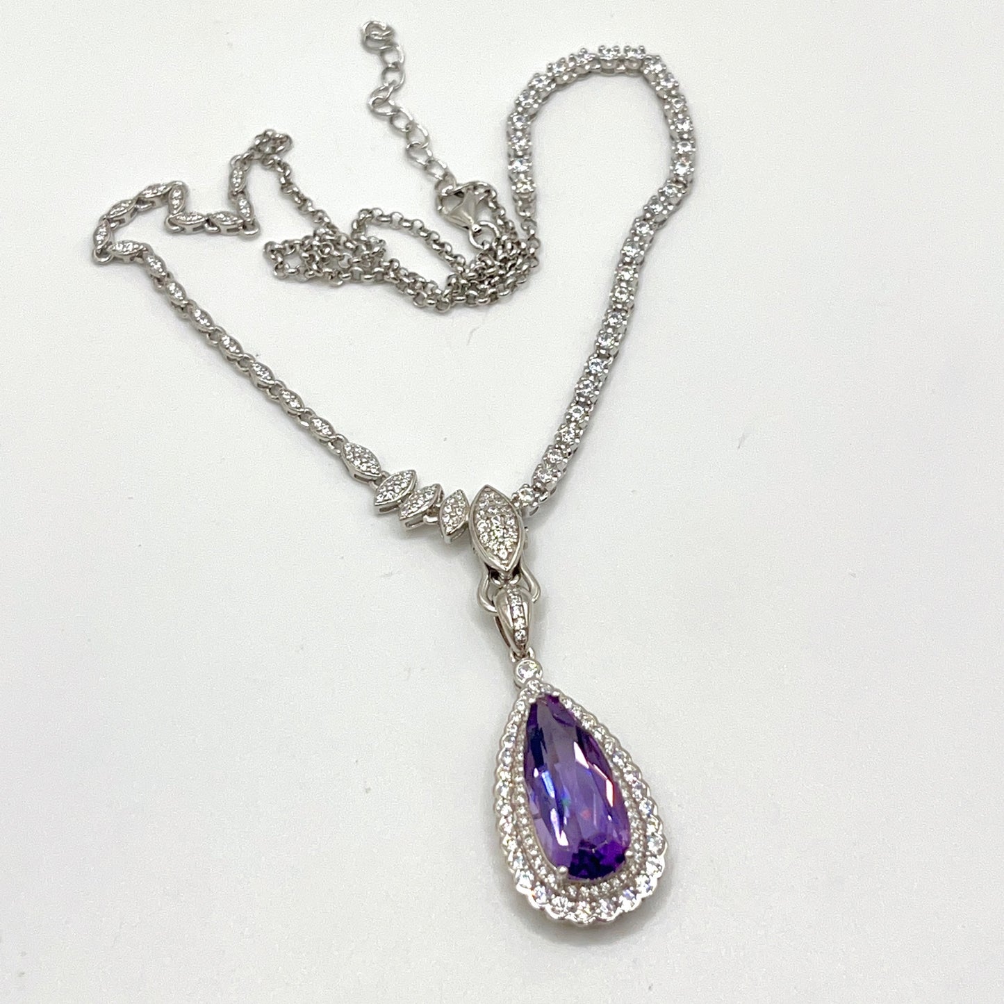 Contemporary Cocktail. Amethyst Drop Shape Pendant with Detachable Versatile Chain in Silver 925