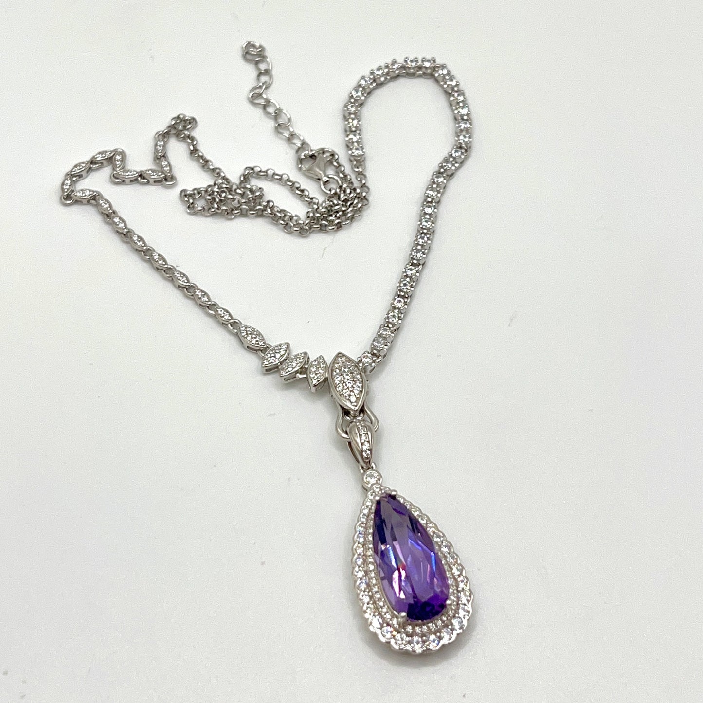 Contemporary Cocktail. Amethyst Drop Shape Pendant with Detachable Versatile Chain in Silver 925