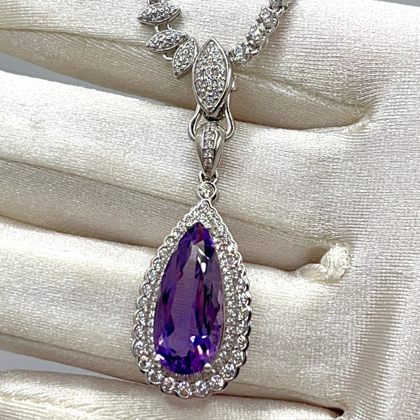 Contemporary Cocktail. Amethyst Drop Shape Pendant with Detachable Versatile Chain in Silver 925