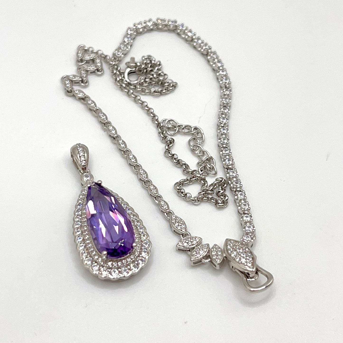 Contemporary Cocktail. Amethyst Drop Shape Pendant with Detachable Versatile Chain in Silver 925