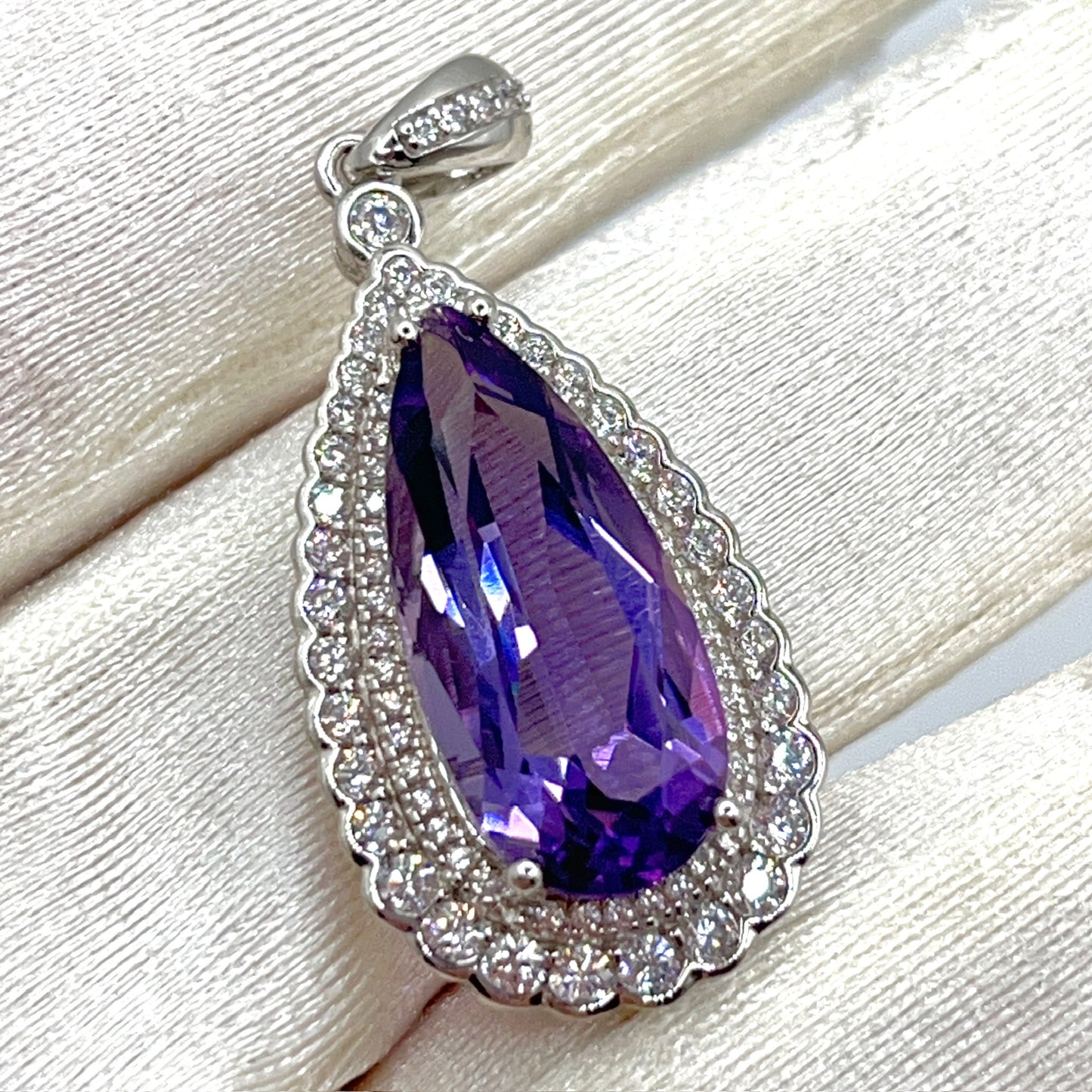 Contemporary Cocktail. Amethyst Drop Shape Pendant with Detachable Versatile Chain in Silver 925