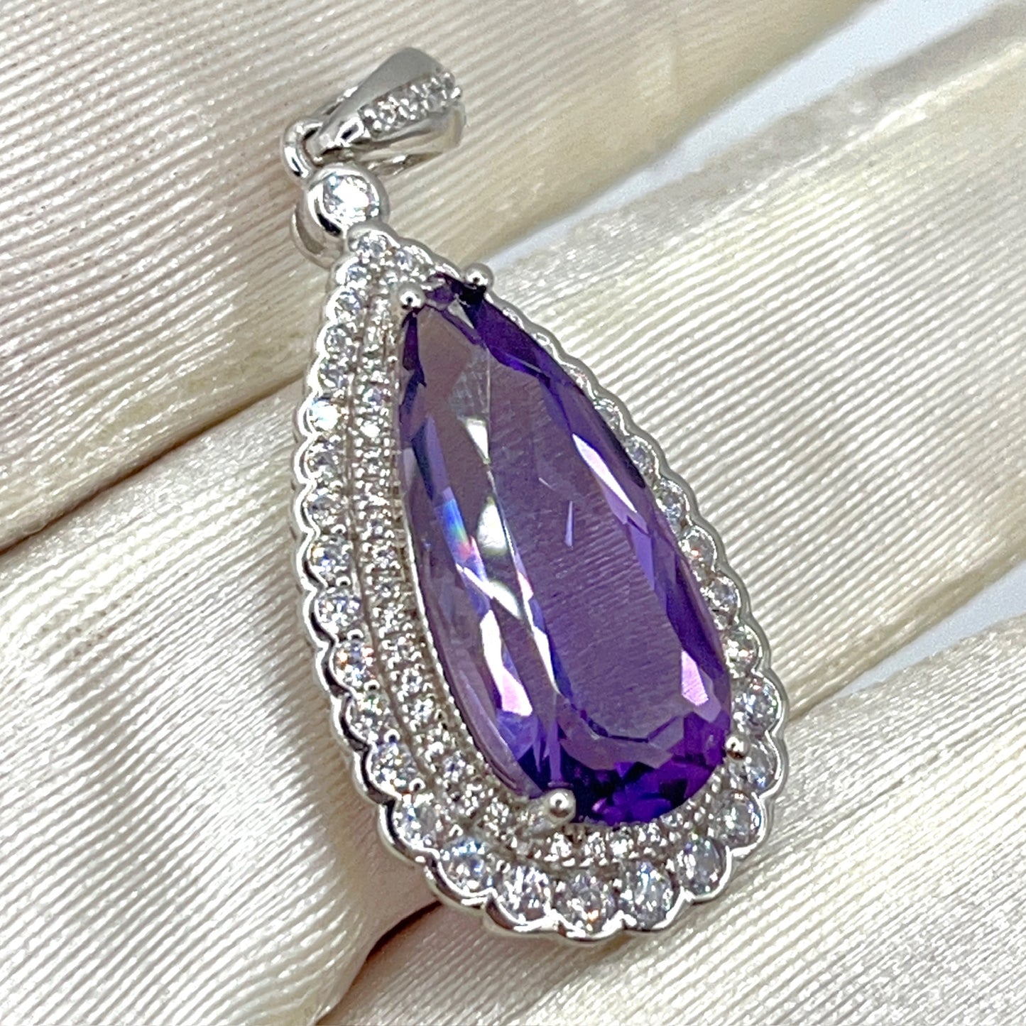 Contemporary Cocktail. Amethyst Drop Shape Pendant with Detachable Versatile Chain in Silver 925