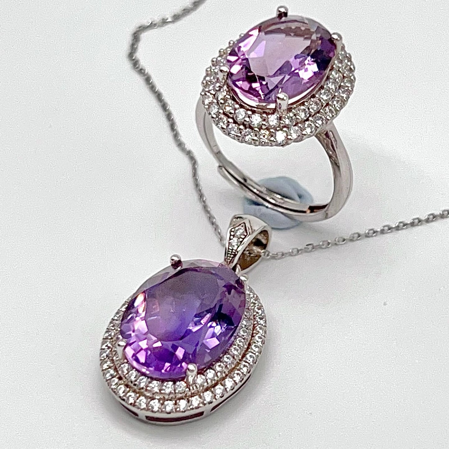 Contemporary Cocktail . Amethyst Necklace & Ring in Silver 925. Oval