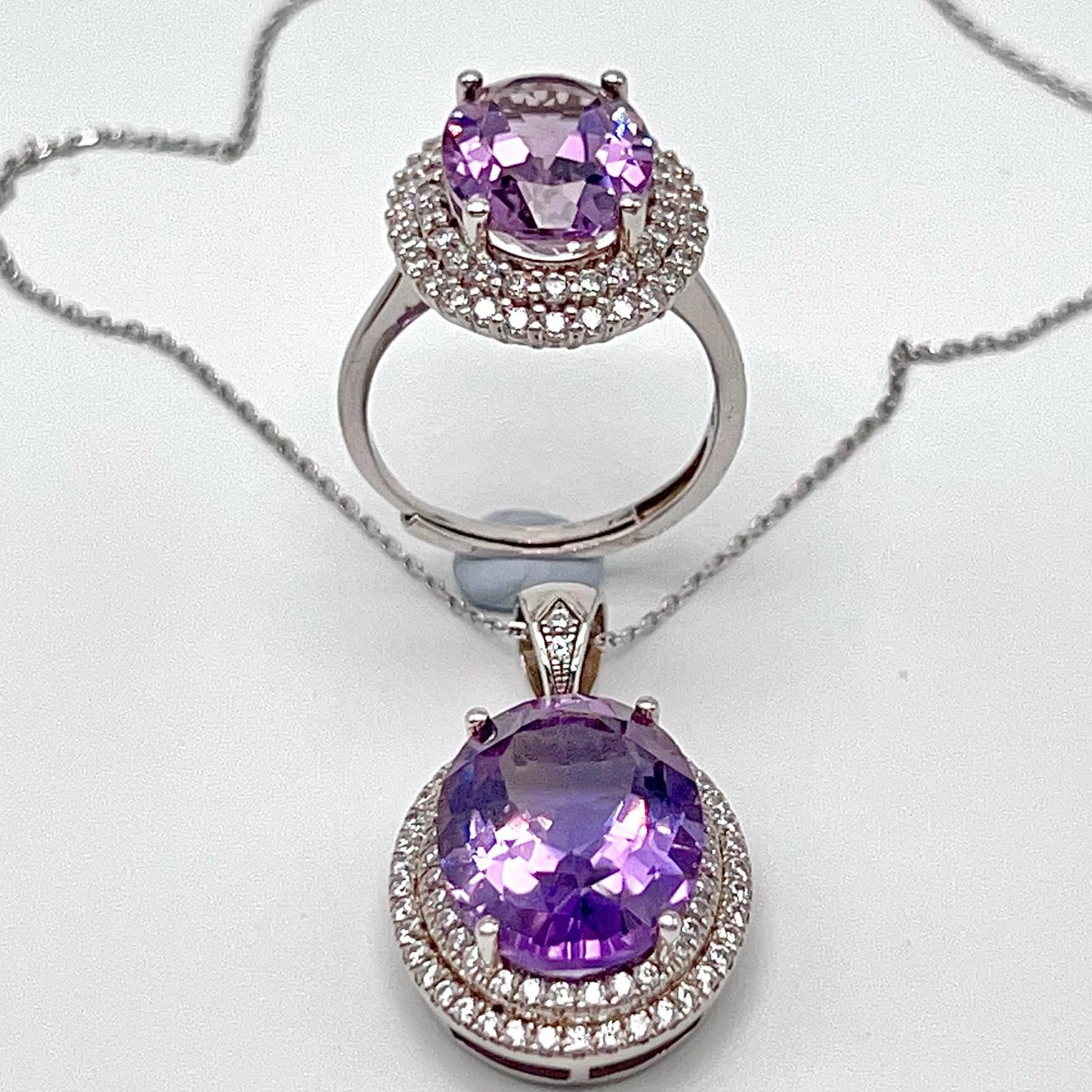 Contemporary Cocktail . Amethyst Necklace & Ring in Silver 925. Oval