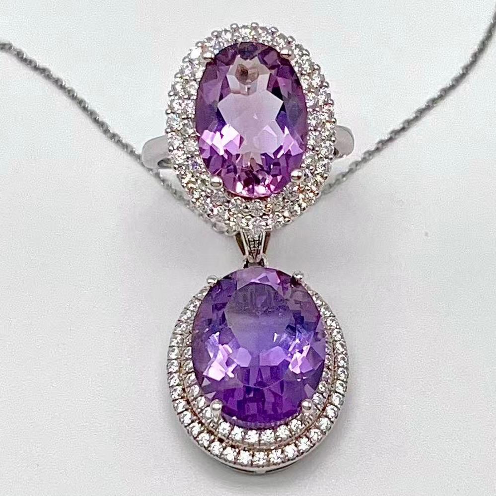 Contemporary Cocktail . Amethyst Necklace & Ring in Silver 925. Oval