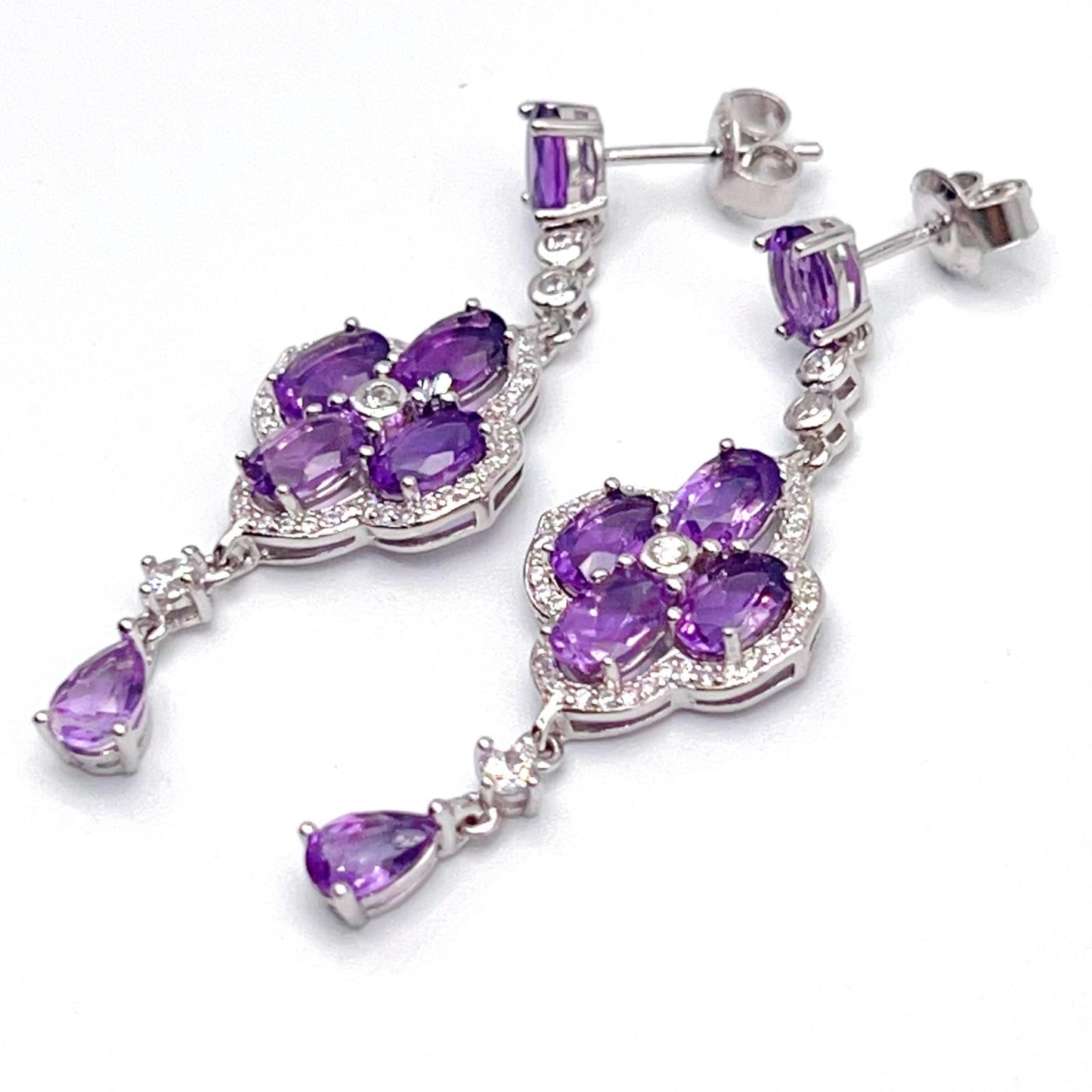 Contemporary Cocktail. Earring in Silver 925 with Amethyst. Clover & Drop