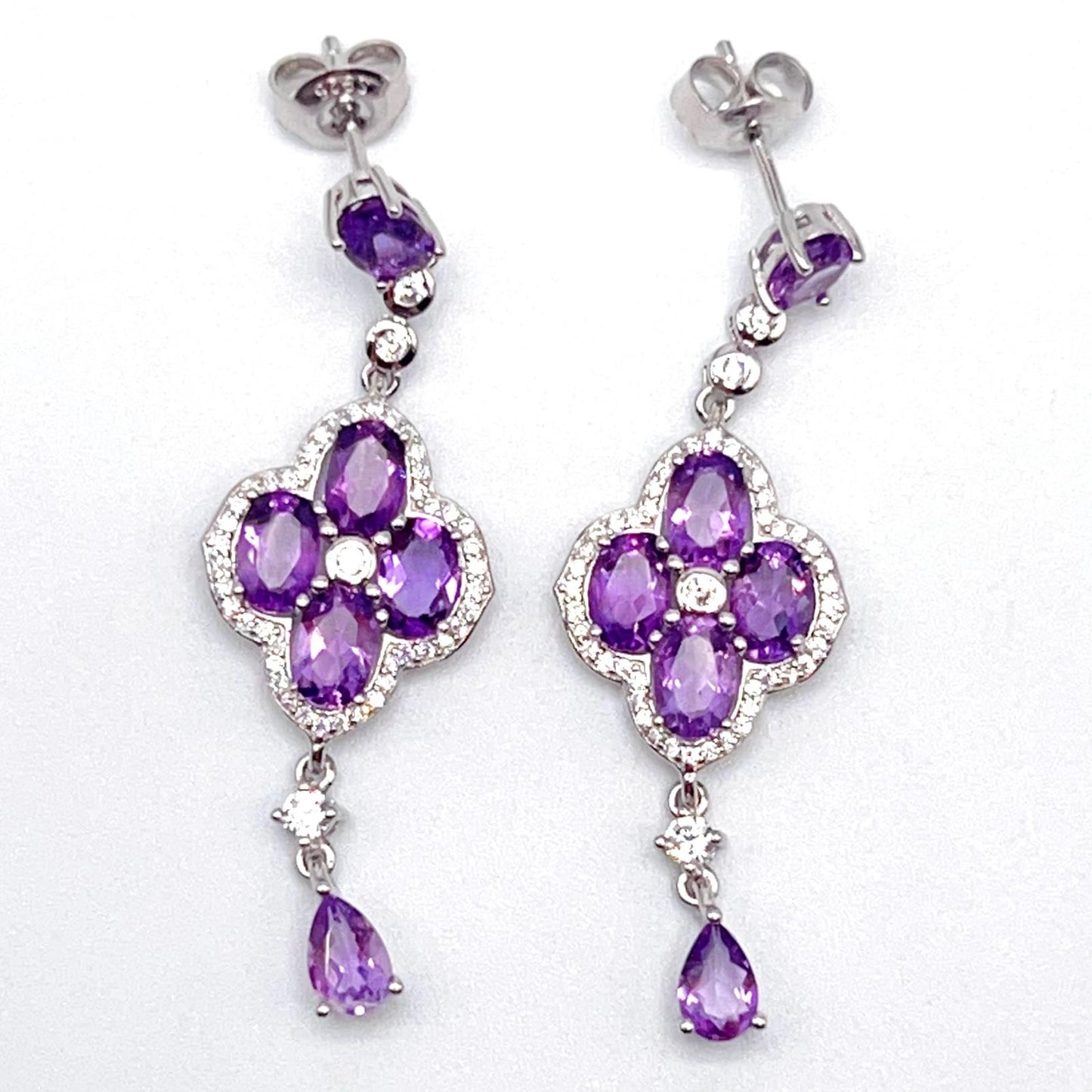 Contemporary Cocktail. Earring in Silver 925 with Amethyst. Clover & Drop