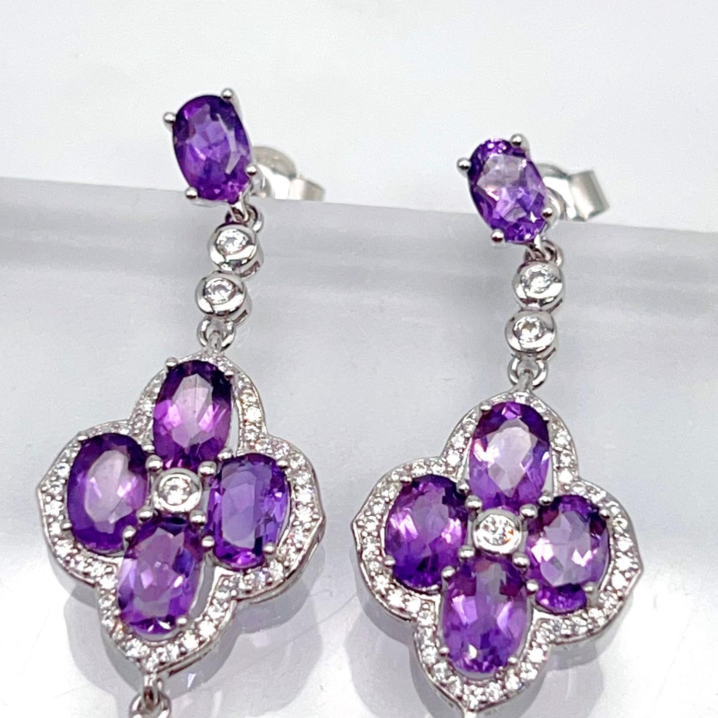 Contemporary Cocktail. Earring in Silver 925 with Amethyst. Clover & Drop