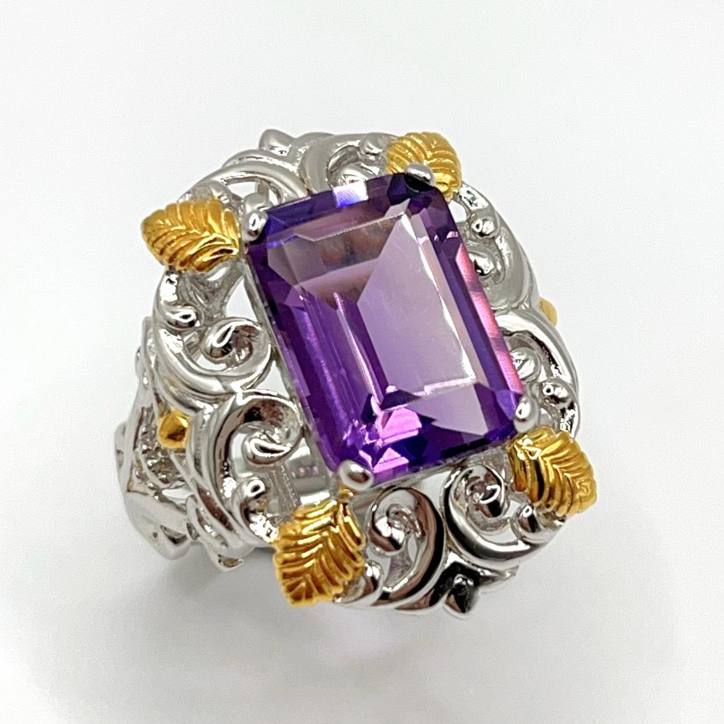 Contemporary Cocktail . Ring of Amethyst in Baroque Frame in Silver 925