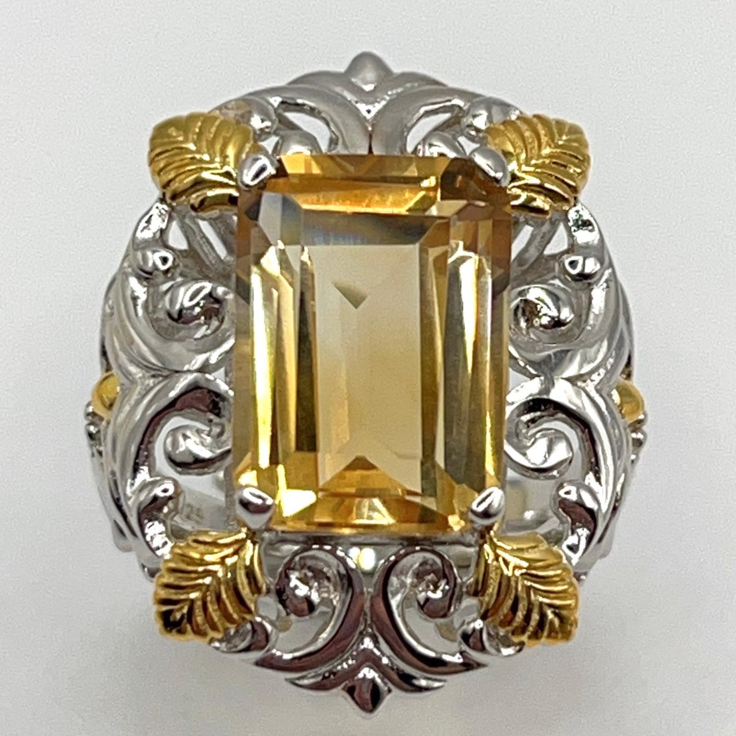 Contemporary Cocktail . Ring of Citrine in Baroque Frame in Silver 925
