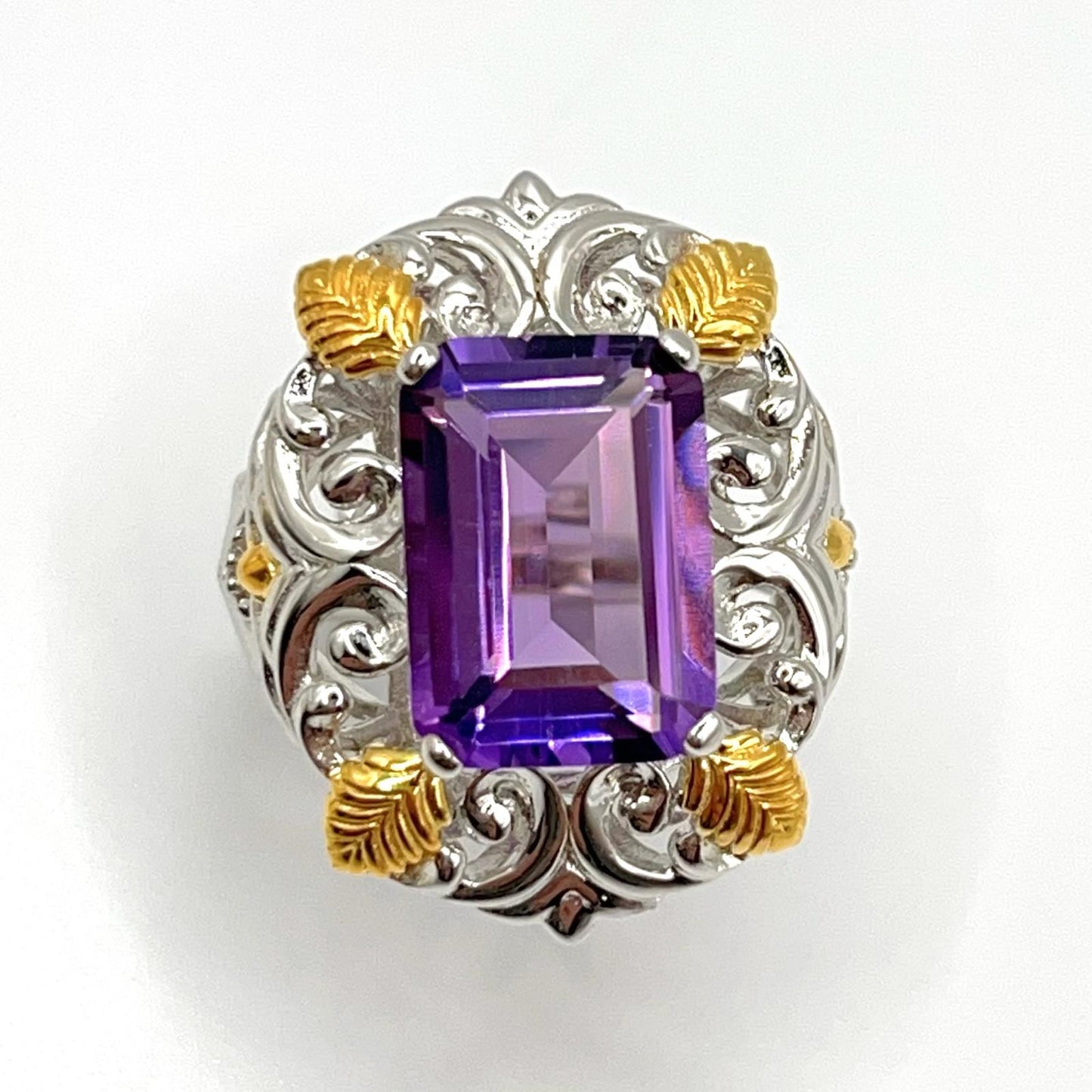 Contemporary Cocktail . Ring of Amethyst in Baroque Frame in Silver 925