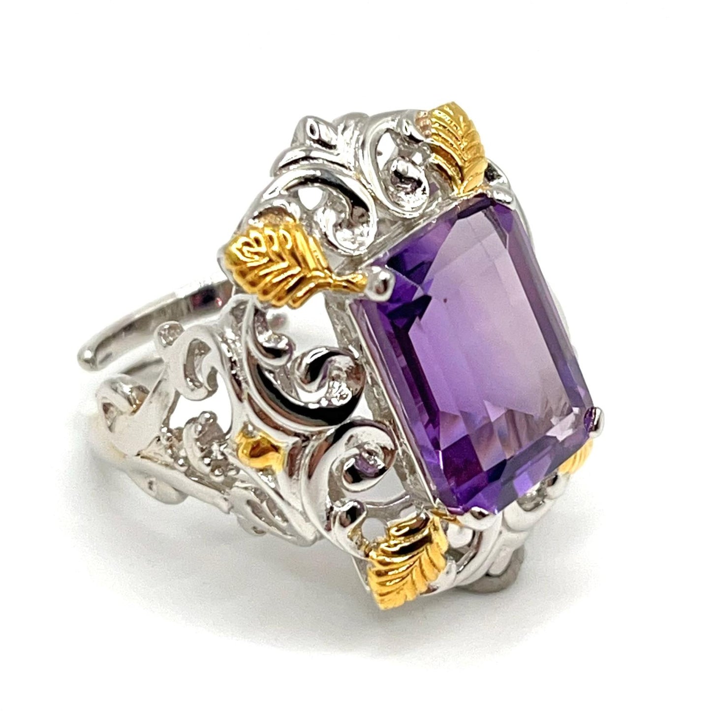 Contemporary Cocktail . Ring of Amethyst in Baroque Frame in Silver 925