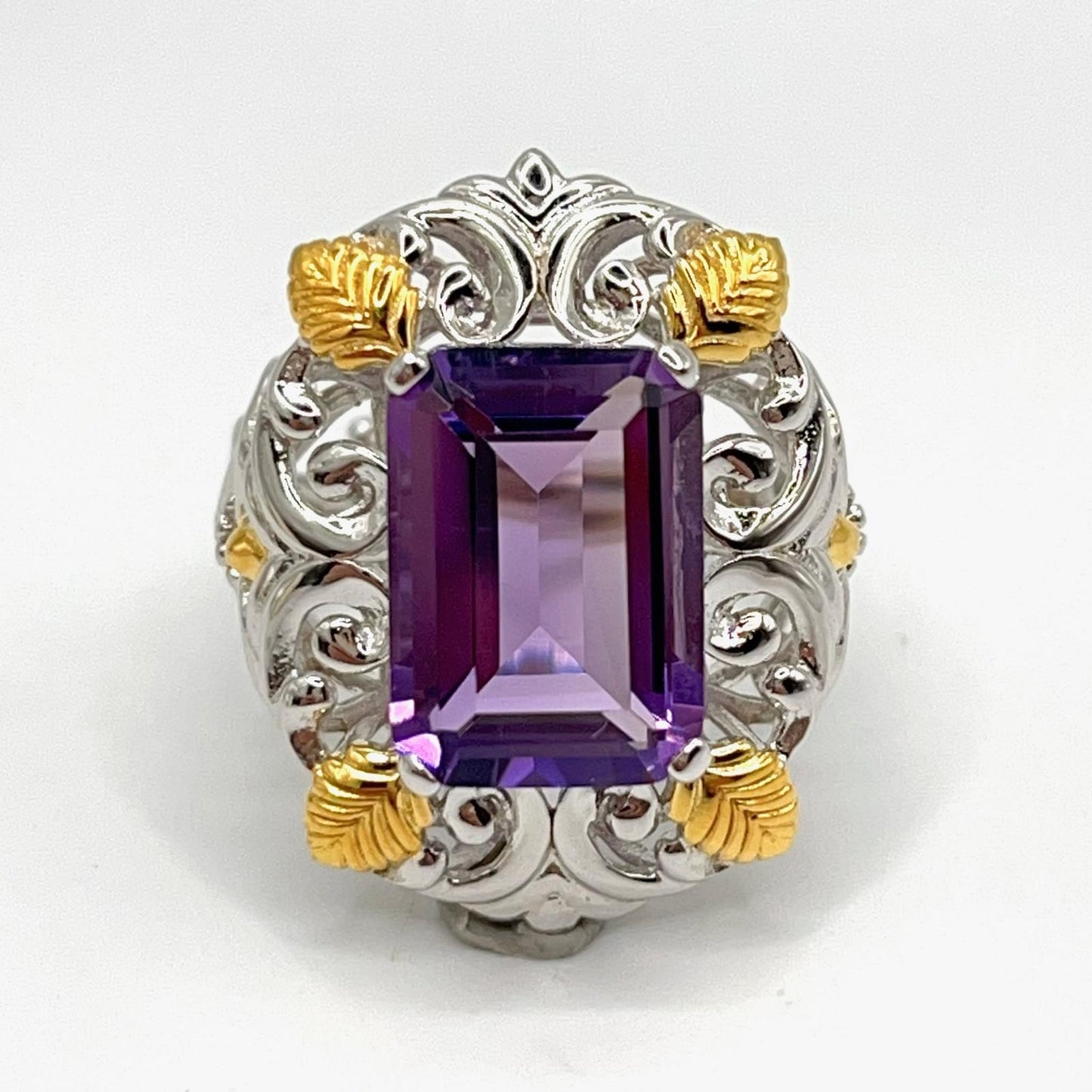 Contemporary Cocktail . Ring of Amethyst in Baroque Frame in Silver 925