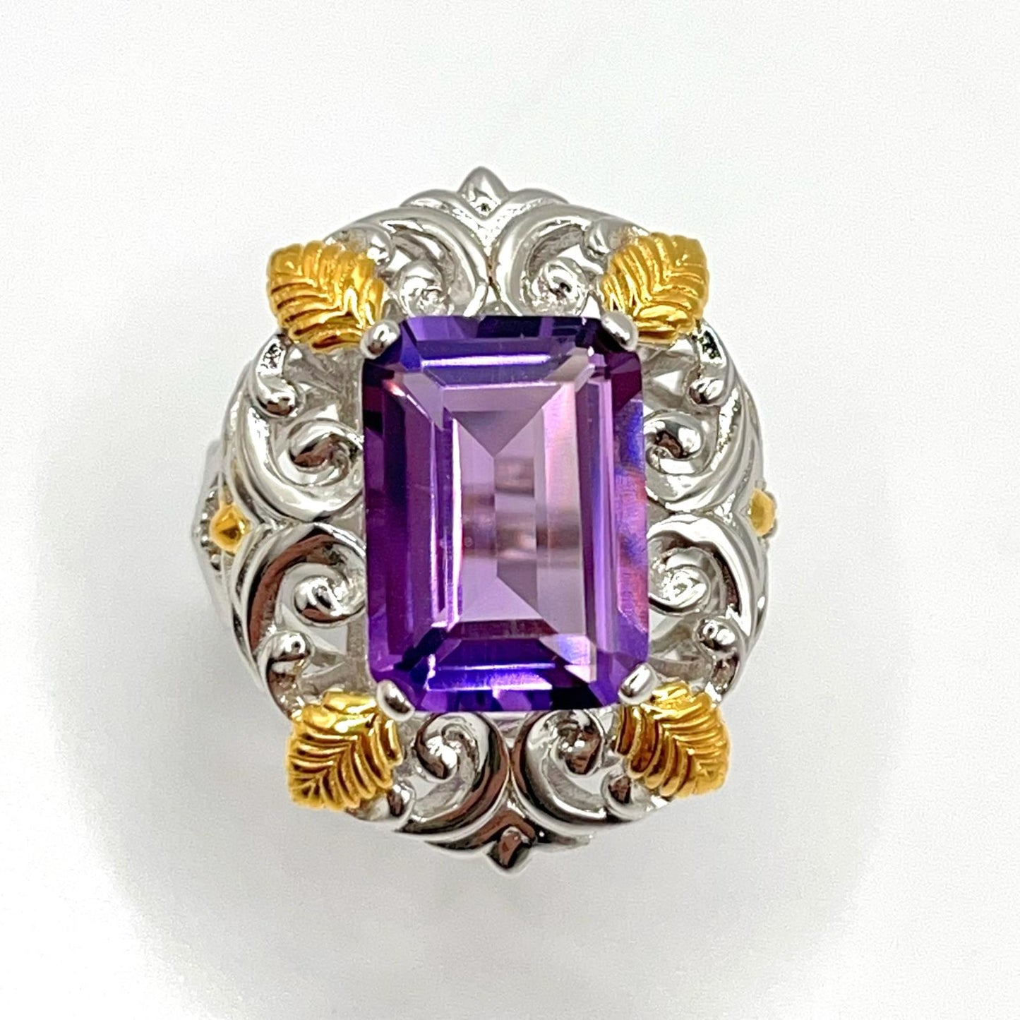 Contemporary Cocktail . Ring of Amethyst in Baroque Frame in Silver 925