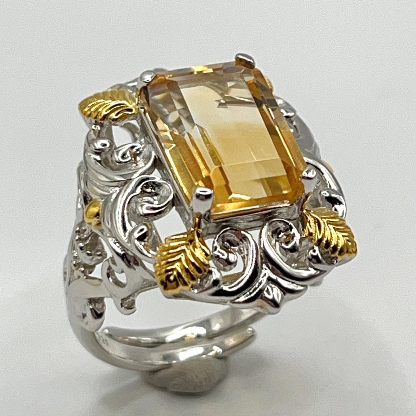 Contemporary Cocktail . Ring of Citrine in Baroque Frame in Silver 925