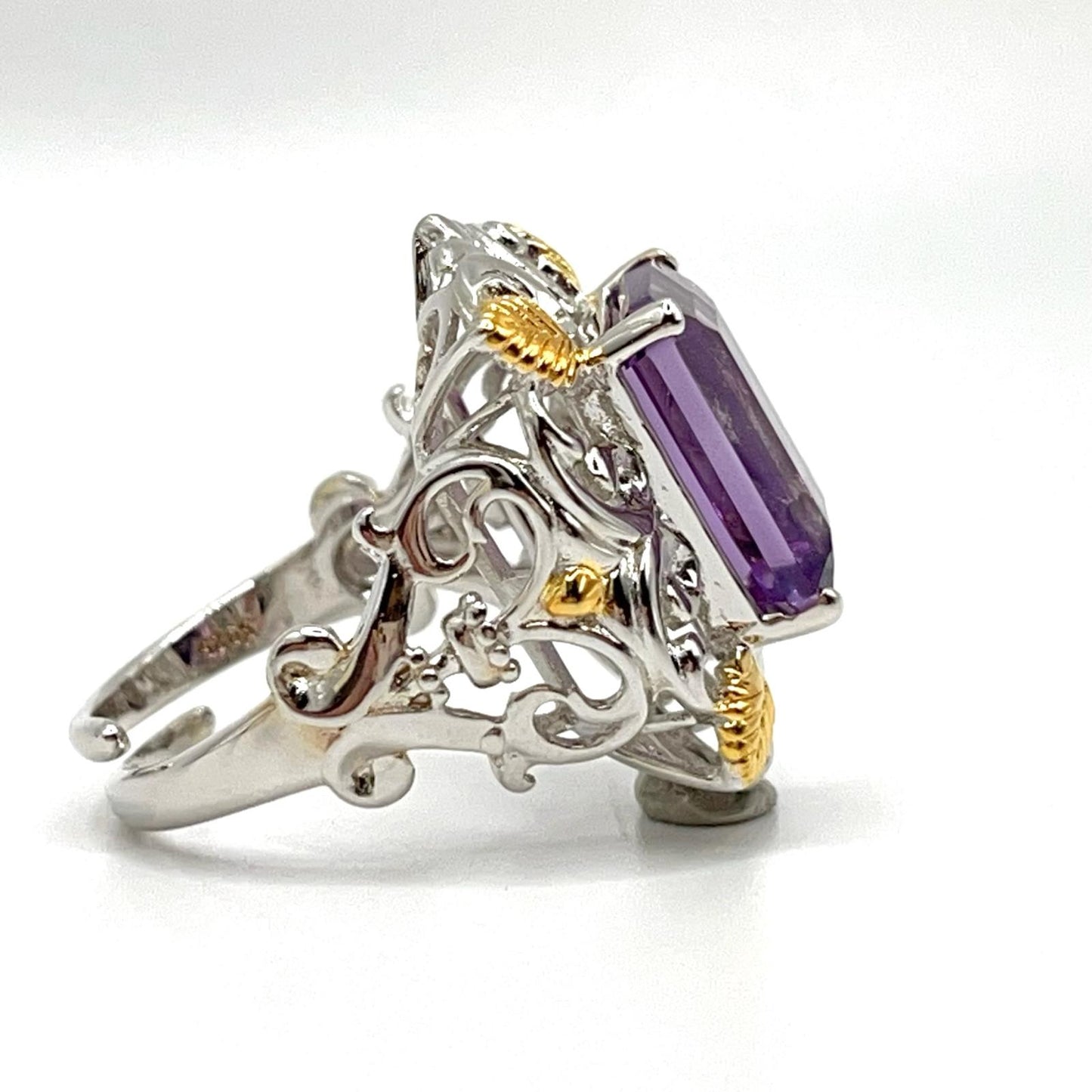 Contemporary Cocktail . Ring of Amethyst in Baroque Frame in Silver 925